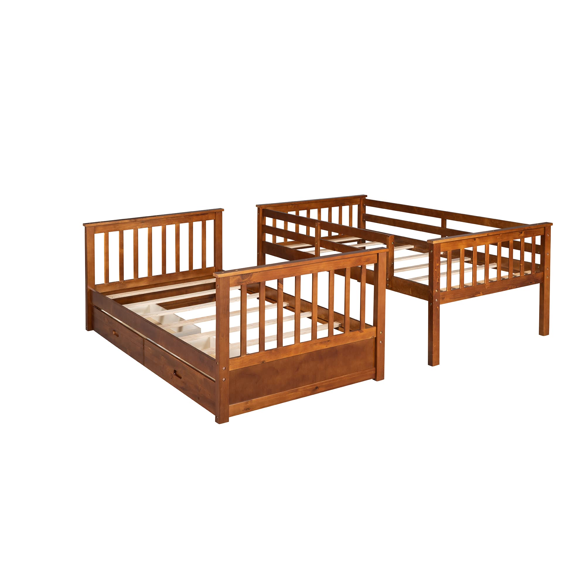 P PURLOVE Twin Over Twin Bunk Bed with 2 Storage Drawers - Convertible Wooden Bunk Bed Frame with Ladder - Separates into 2 Single Beds - Space-Saving Solution for Kids, Teens, Boys & Girls - No Box Spring Required (Walnut Finish) - Perfect for Small Bedrooms, Guest Rooms & Vacation Homes