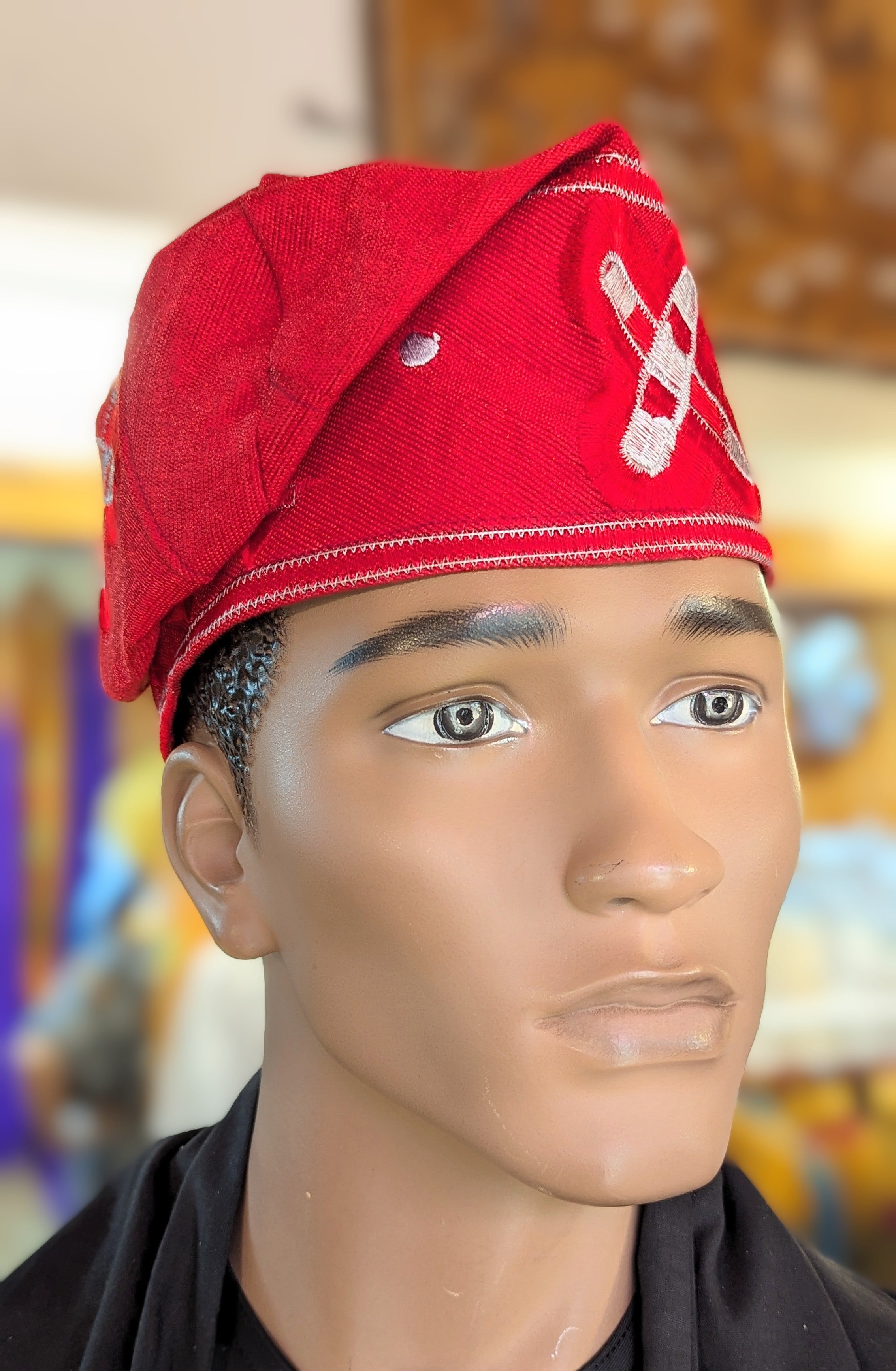 Stylish Red and Silver Fila Ayaba African Aso Oke Kufi Cap Hat by Dupsie - Traditional Nigerian Headwear for Men - Perfect for Weddings, Cultural Events & Special Occasions