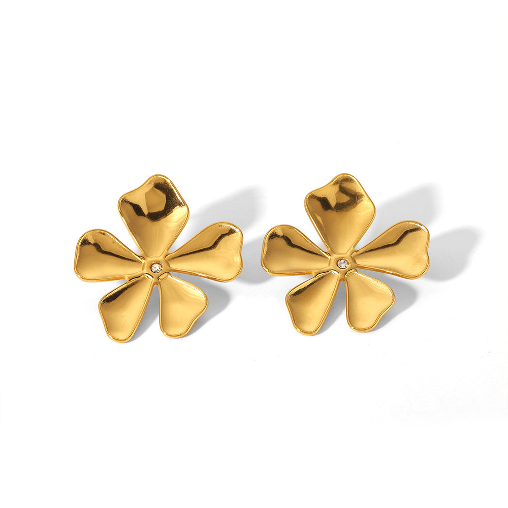 18K Gold Plated Five Leaf Large Flower Stud Earrings for Women - Elegant Floral Fashion Jewelry Gift for Birthday, Anniversary & Special Occasions | JDE041