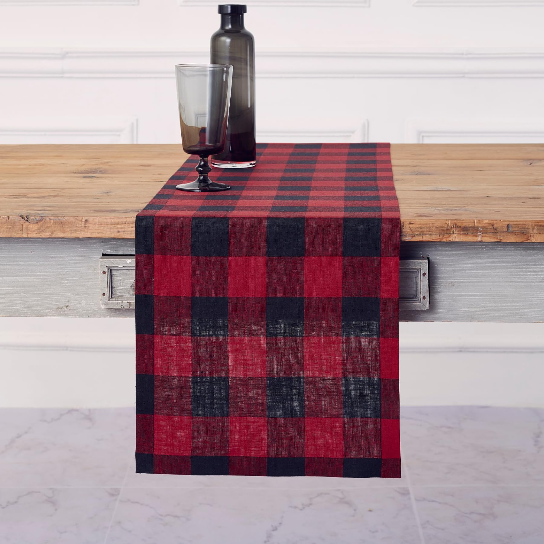 Solino Home 100% Pure Linen Buffalo Check Table Runner - 14 x 36 Inch Red and Black Plaid Tablecloth - Perfect for Dining Tables, Coffee Tables, Dressers & Holiday Decor