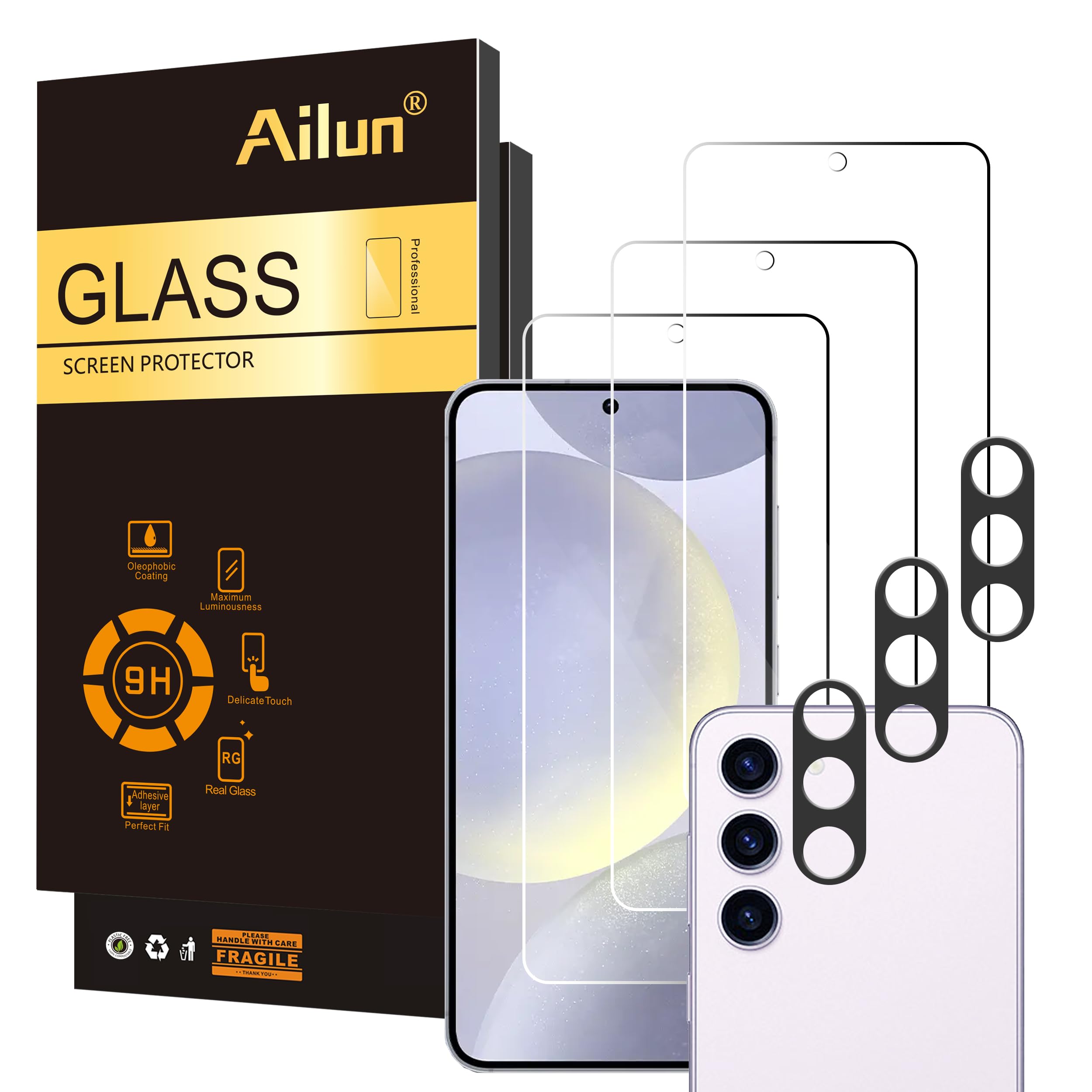 Ailun 3-Pack Tempered Glass Screen Protector + 3-Pack Camera Lens Protector for Samsung Galaxy S24+ (6.7 Inch) - HD Clear, Anti-Scratch, Fingerprint Unlock, 0.25mm Thin, Case Friendly - Perfect for Daily Use, Work, and Outdoor Activities
