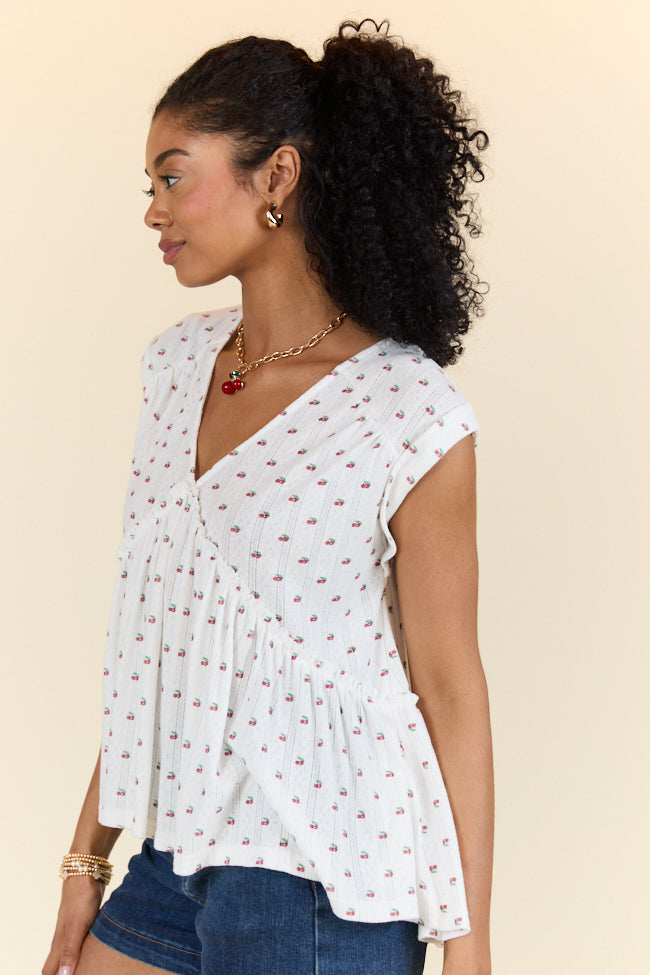 Treasured Times Ivory Cherry Print Oversized Knit Top for Women | Soft Comfortable Loose Fit Blouse | Perfect for Casual Outings, Date Nights & Layering | FINAL SALE