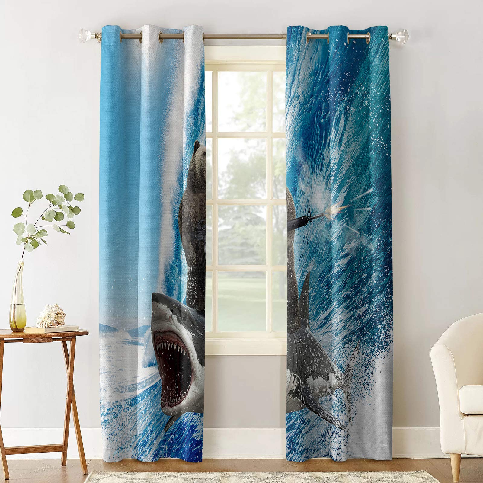 Funny Bear Machine Gun & Shark Surfing Ocean Wave Blackout Curtains - Thermal Insulated Room Darkening Drapes with Grommets (52