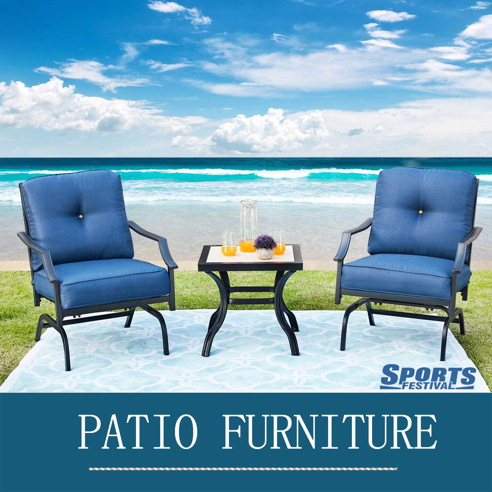 Outdoor Patio Bistro Set - 2 Metal Frame Armchairs with Thick Cushions & Side Table - Blue Garden Furniture for Balcony, Porch, Backyard - Perfect for Relaxing, Dining & Entertaining Outdoors