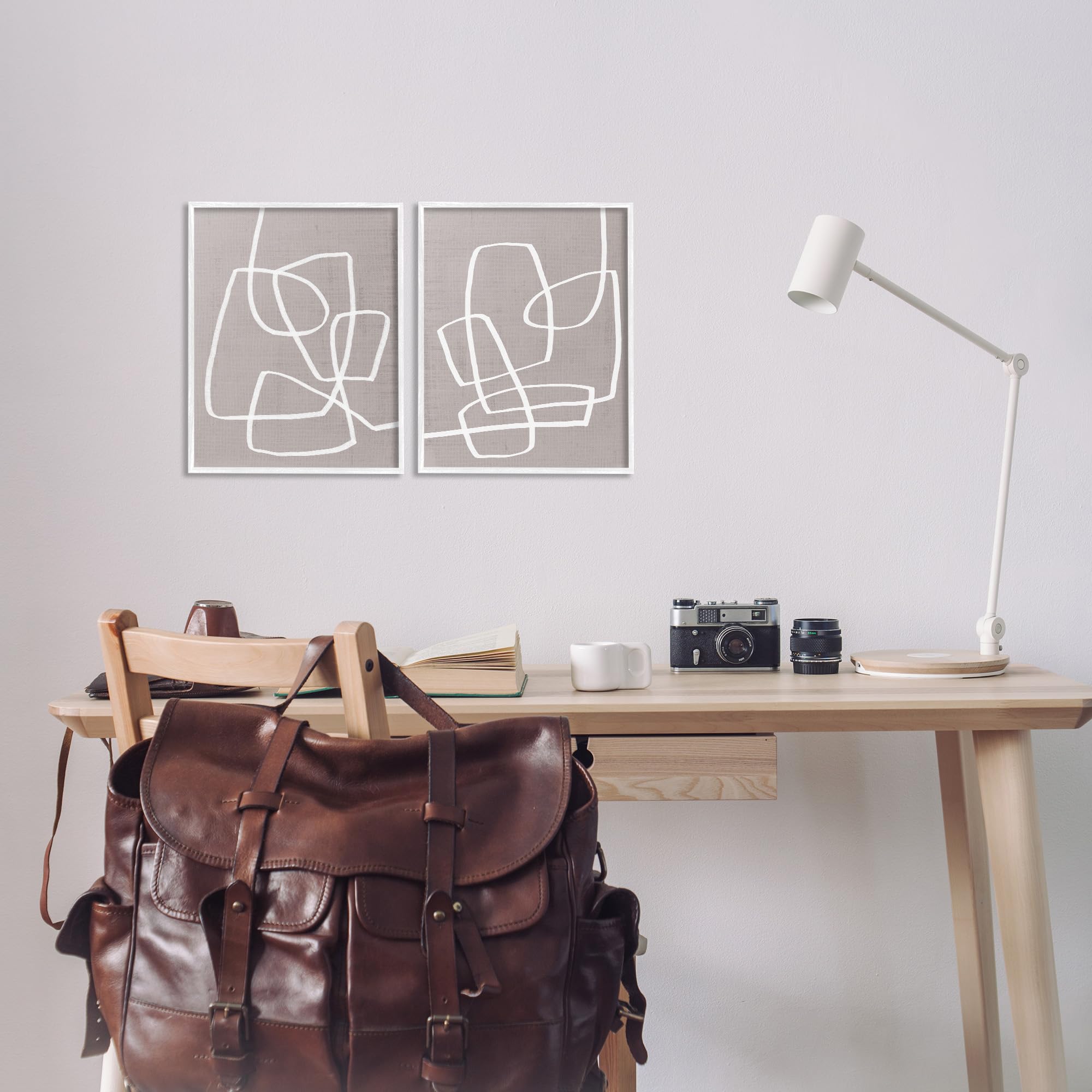 Stupell Industries Minimalist Boho Abstract Line Art - Brown & White Framed Wall Decor for Living Room, Bedroom & Office