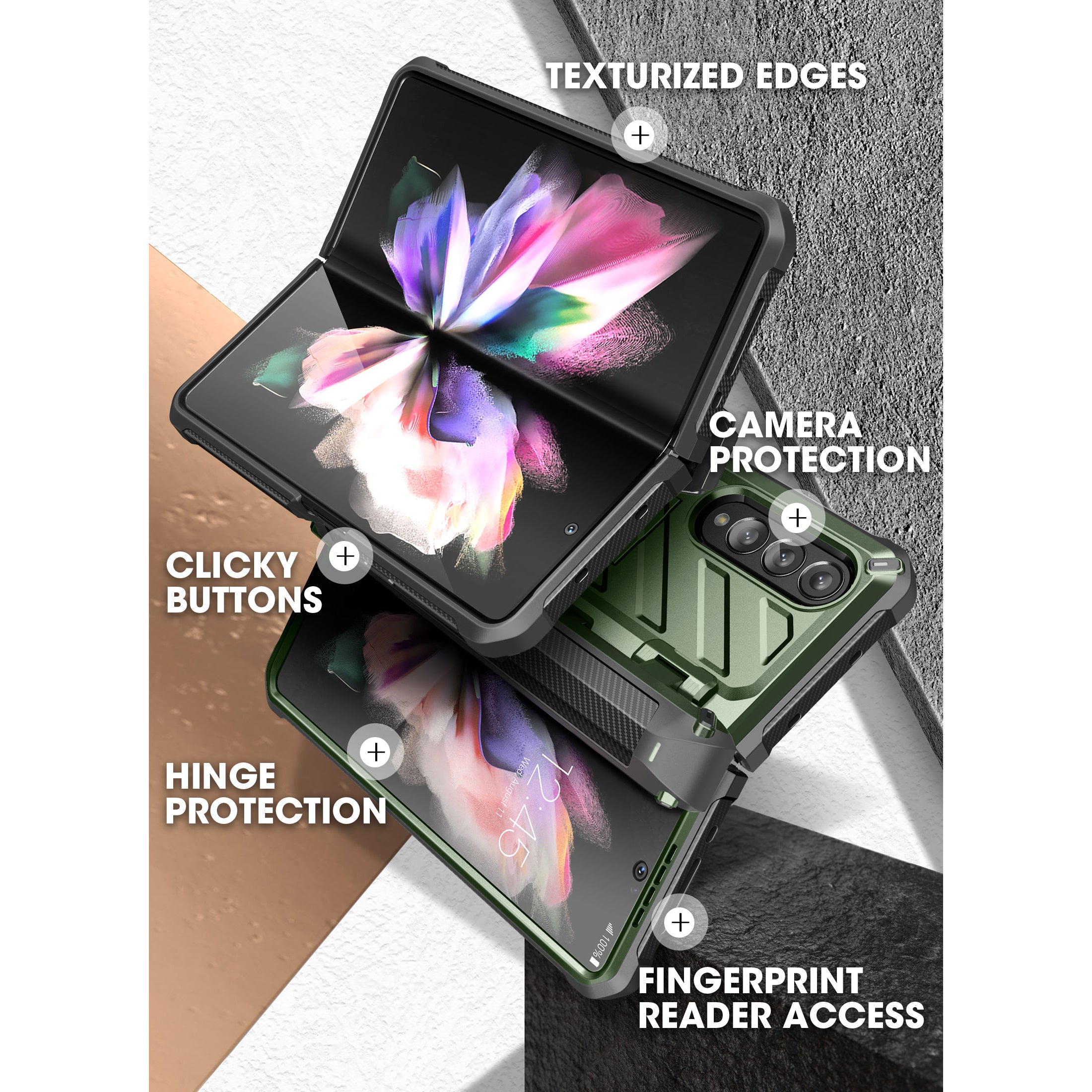 Samsung Galaxy Z Fold 3 Unicorn Beetle Pro Rugged Protective Case with S Pen Holder - Dark Green | Shockproof & Drop Proof Cover for Work, Travel & Outdoor Activities