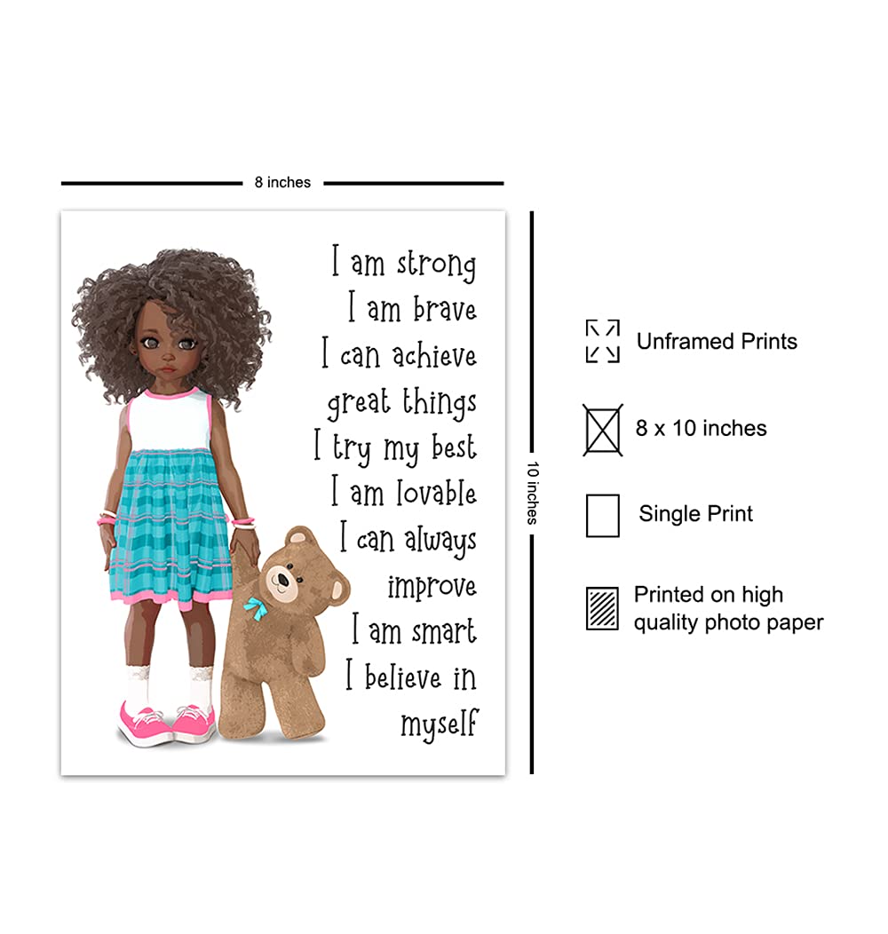 African American Girl Positive Affirmations Wall Art - Inspirational Black Art Decor for Little Girls Bedroom - Motivational Quotes for Toddler Room & Nursery - Perfect for Wall Decor, Gifts & Empowerment