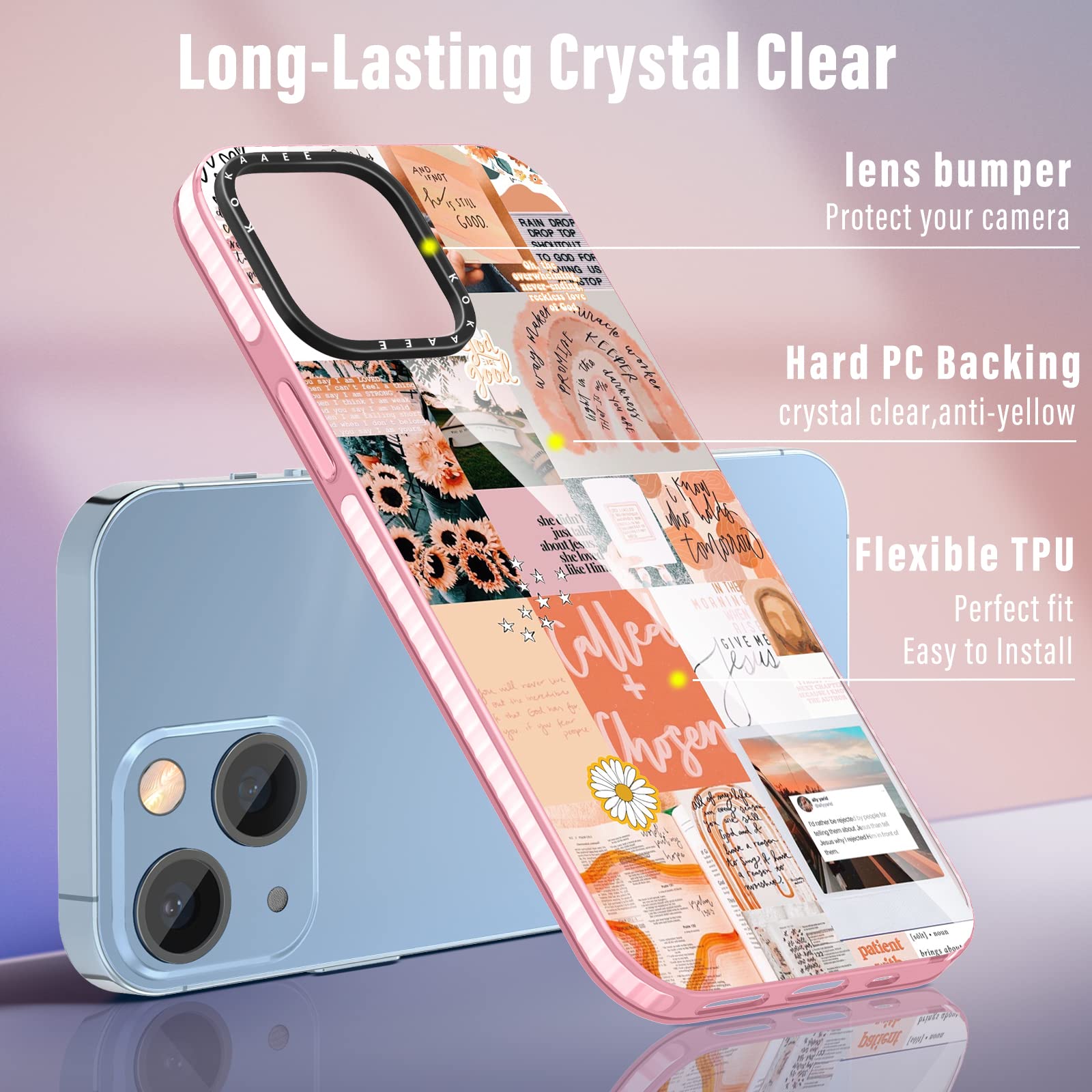 2 in 1 iPhone 14 Plus Case with Ring Holder - Trendy Aesthetic Collage Design, Soft TPU Bumper Cover for Women & Girls, Cute Quotes & Good Vibes Art (6.7