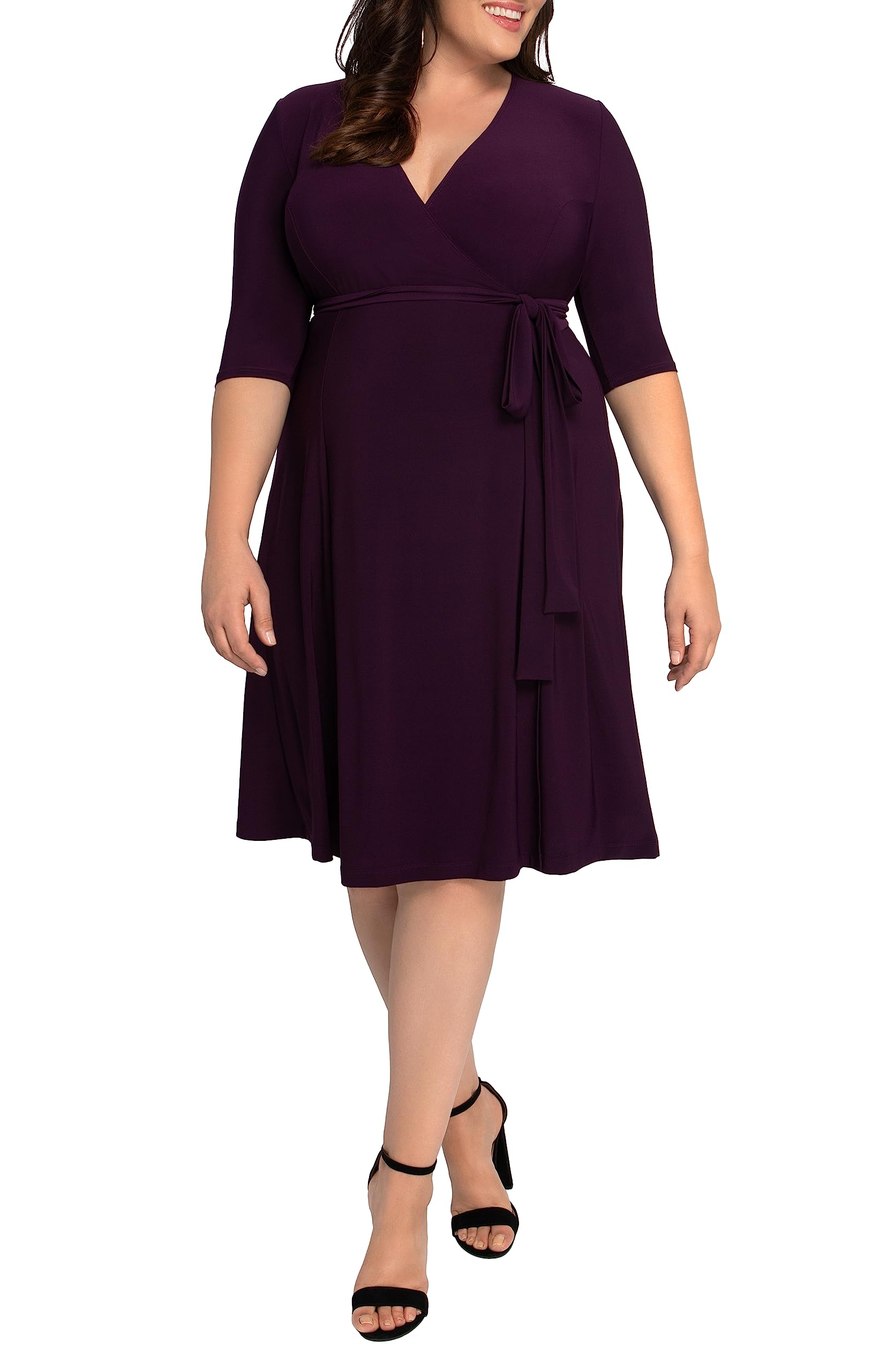 Kiyonna Plus Size Essential Midi Wrap Dress with Sleeves | Flattering Women's Formal & Casual Dress for Cocktail Party, Wedding Guest, Office Work & Special Occasions