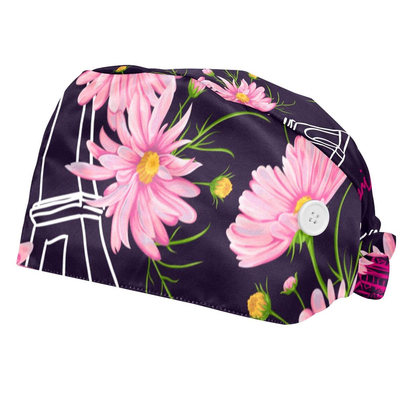 Adjustable Bouffant Working Cap with Eiffel Tower & Flowers Design - Unisex Hairnet Hat with Sweatband & Buttons for Chefs, Nurses, Food Service & Salon Professionals
