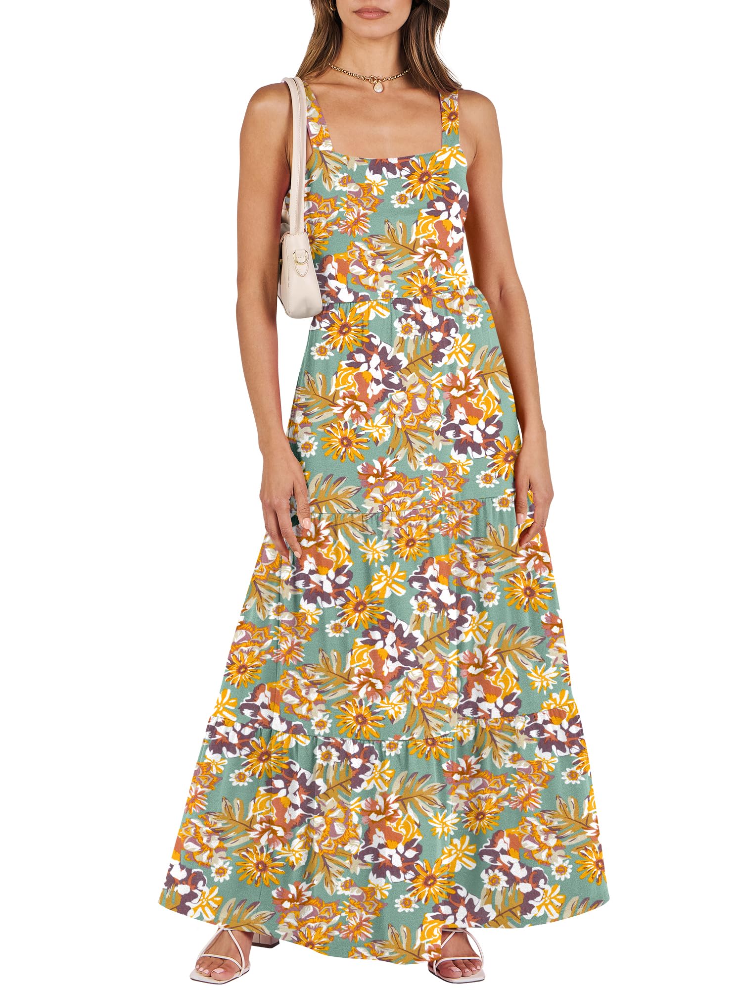 ANRABESS Women's Summer Maxi Dress - Sleeveless Square Neck Flowy Tiered Sun Dress with Pockets for Beach Vacation, Casual Outings, and Outdoor Events