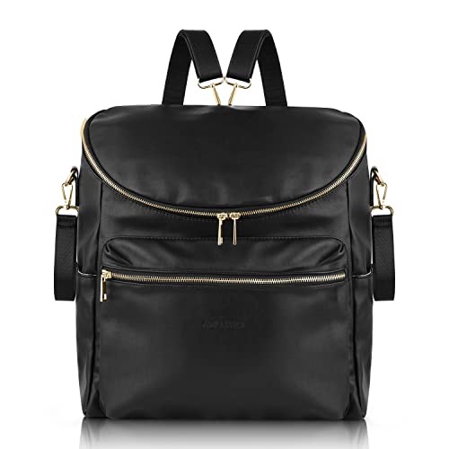 AMILLIARDI Stylish Vegan Leather Diaper Bag Backpack - Large Capacity, 2 Insulated Bottle Pockets & Detachable Stroller Straps - Perfect for Baby Essentials, Travel & On-the-Go Parents (Black)