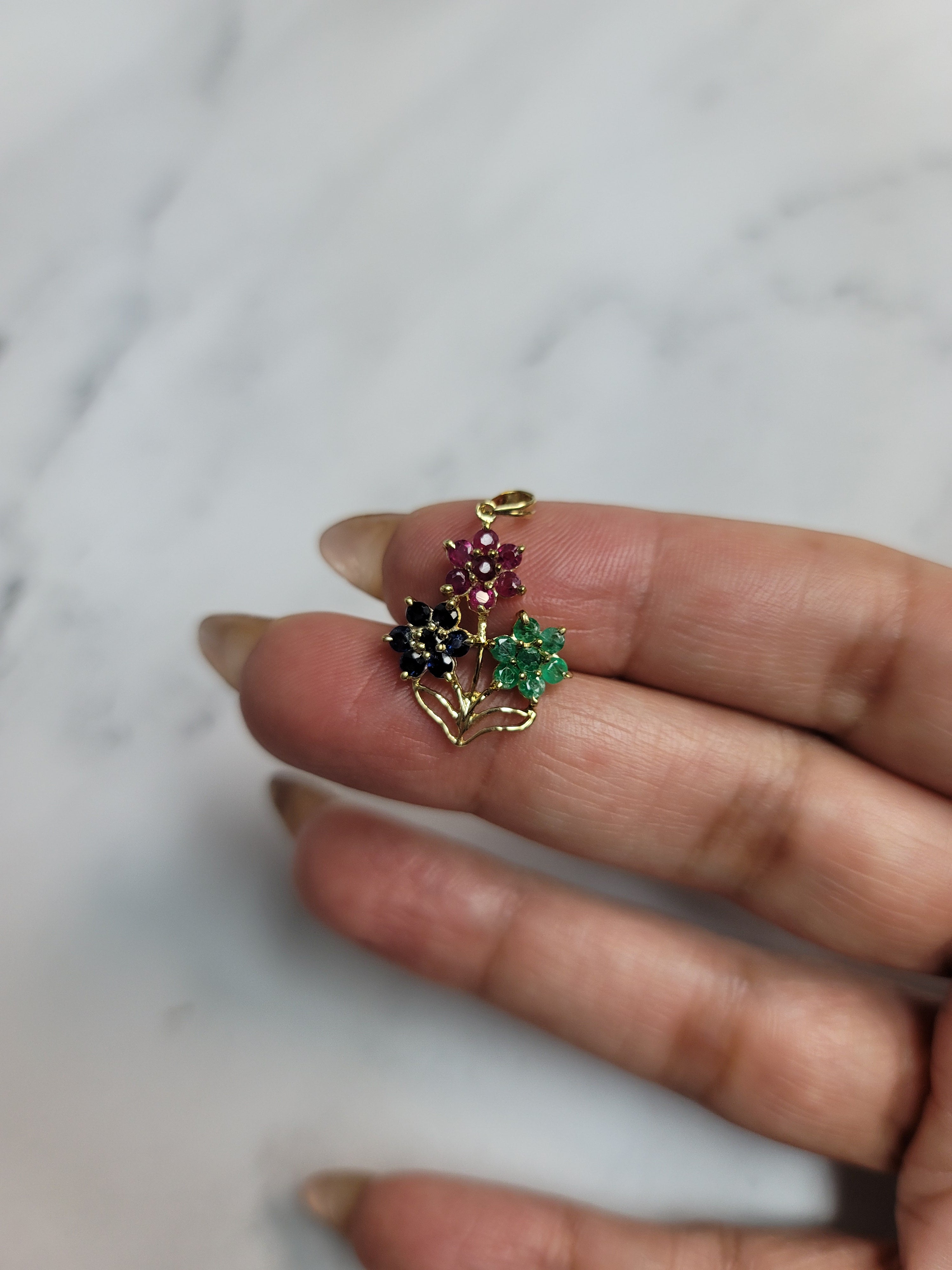 14k Yellow Gold Basket Full of Emerald, Sapphire & Ruby Flowers - Elegant Jewelry Gift for Women, Perfect for Weddings, Anniversaries & Special Occasions