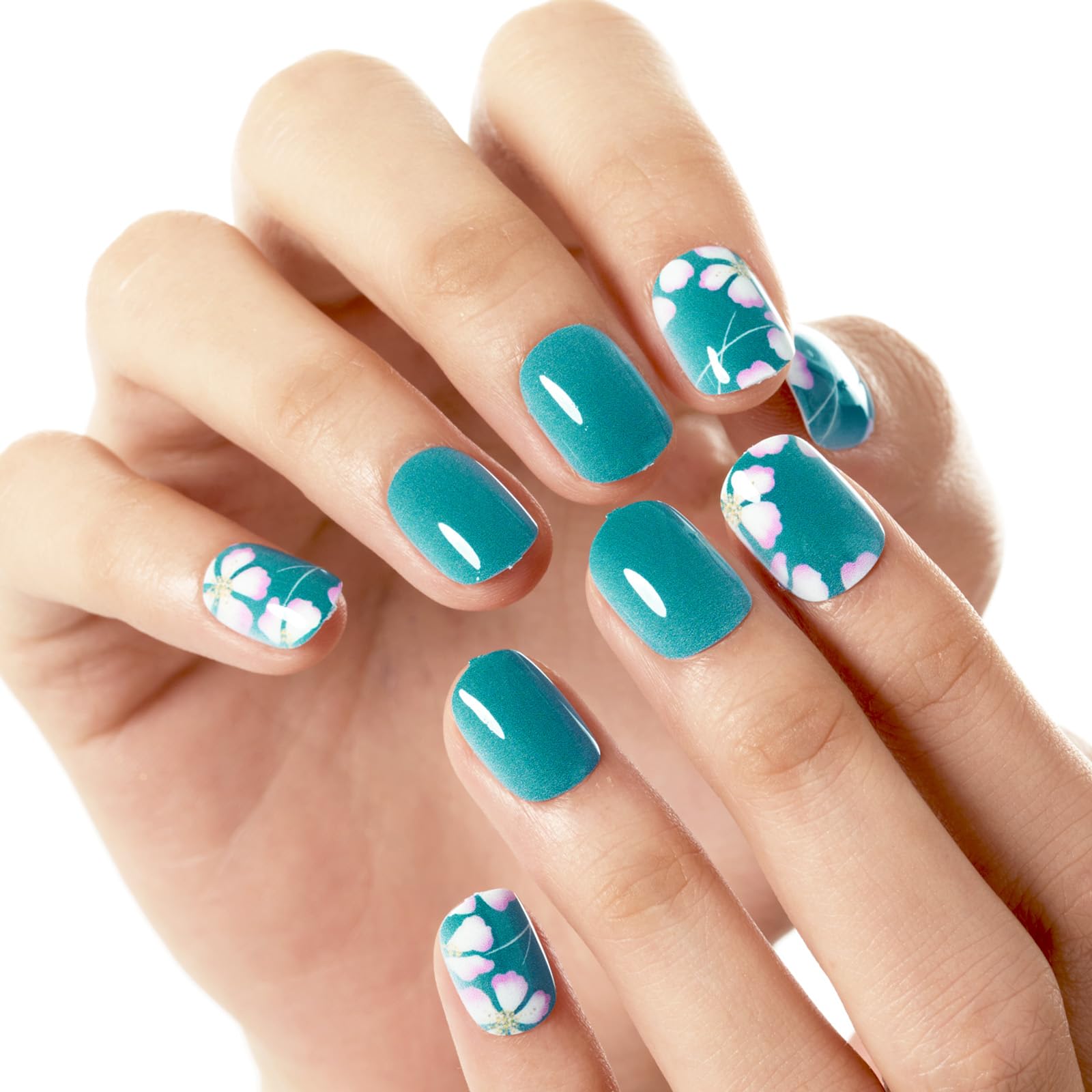 GLAMERMAID 24Pcs Short Squoval Press on Nails - Spring Peacock Blue Floral Design with Blossom Gel Glue | Reusable UV Glossy Acrylic Fake Nails for Women | Perfect for Parties, Weddings & Everyday Manicure