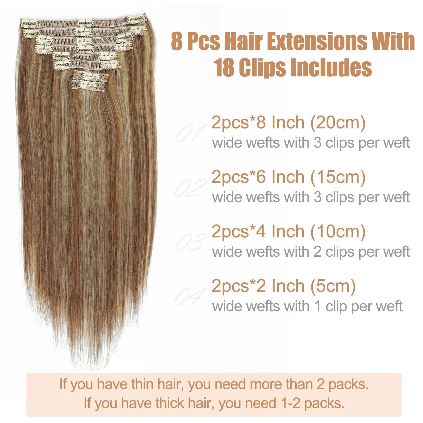 Clip-In Human Hair Extensions 8pcs 120g - Chestnut Brown Mixed Blonde Remy Hair (6/613, 24inch) | Thick Natural Hair Extensions for Women | Perfect for Daily Styling, Parties & Special Occasions