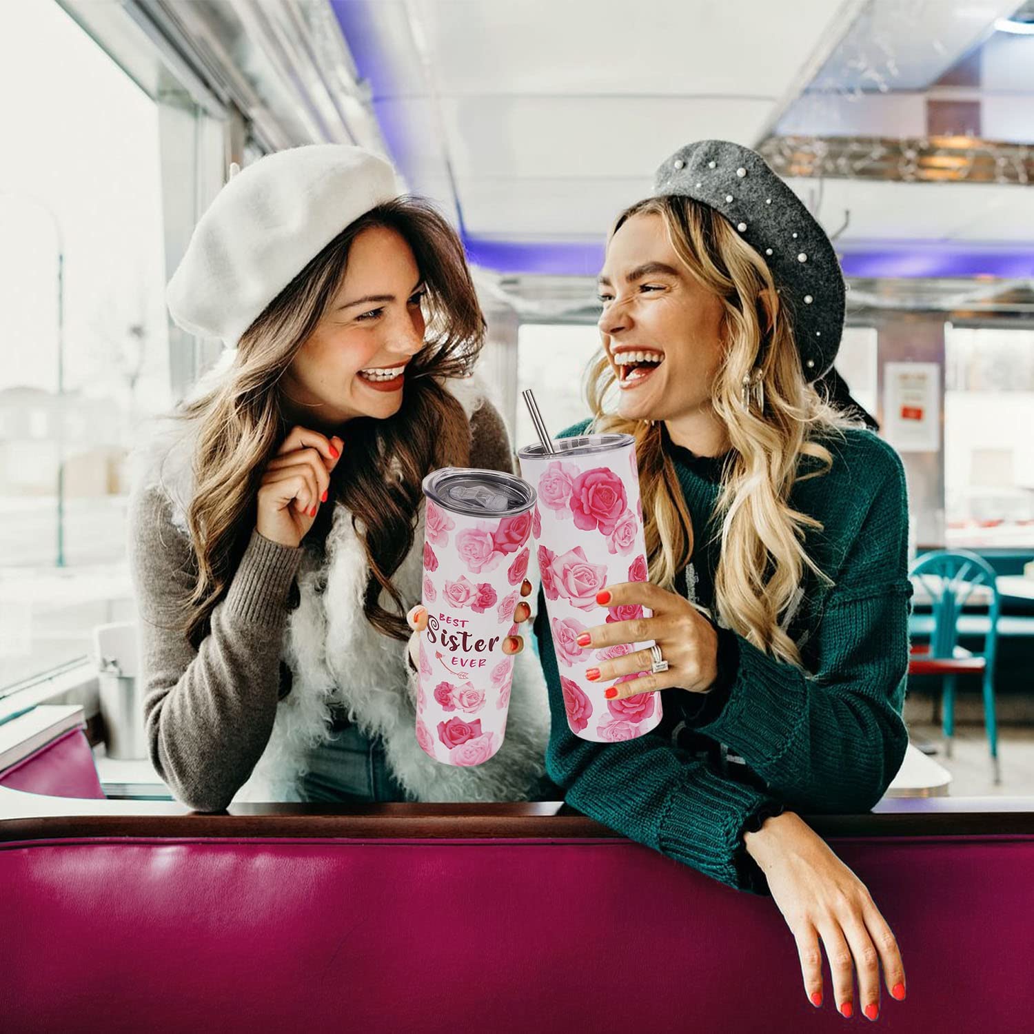 **Pink Floral Tumbler with Lid & Straw - 20oz Insulated Travel Mug for Iced Coffee, Best Sister Gift for Birthday, Christmas & Everyday - Cute Sister Tumbler for Women & Girls**    *(Use Cases: Perfect for travel, work, school, or relaxing at home – keeps drinks cold for hours!)*