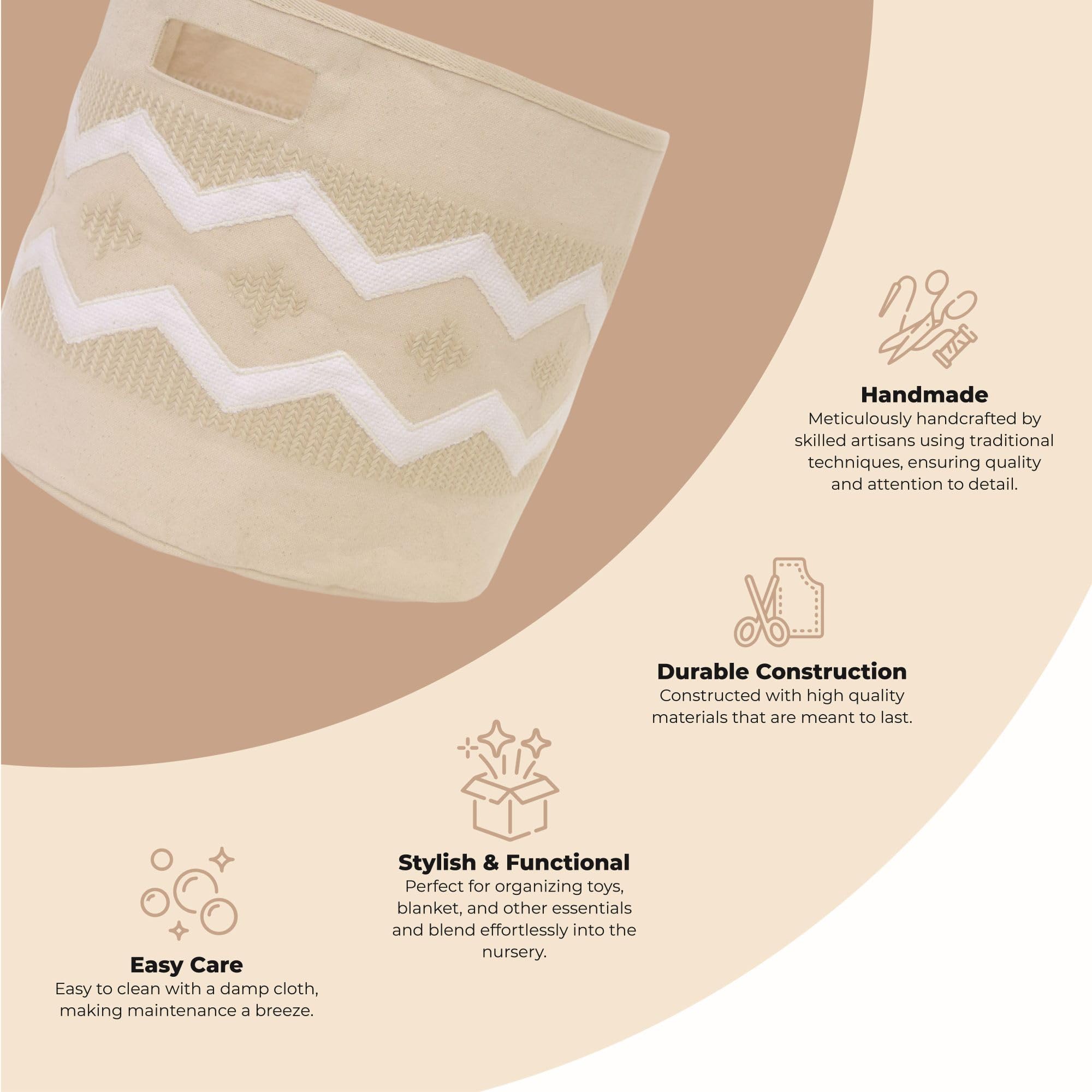 Boho Beige Baby Storage Basket - 13x12 Inch Round Fabric Toy Organizer for Nursery, Playroom & Kids Room | Perfect for Storing Toys, Blankets & Baby Essentials