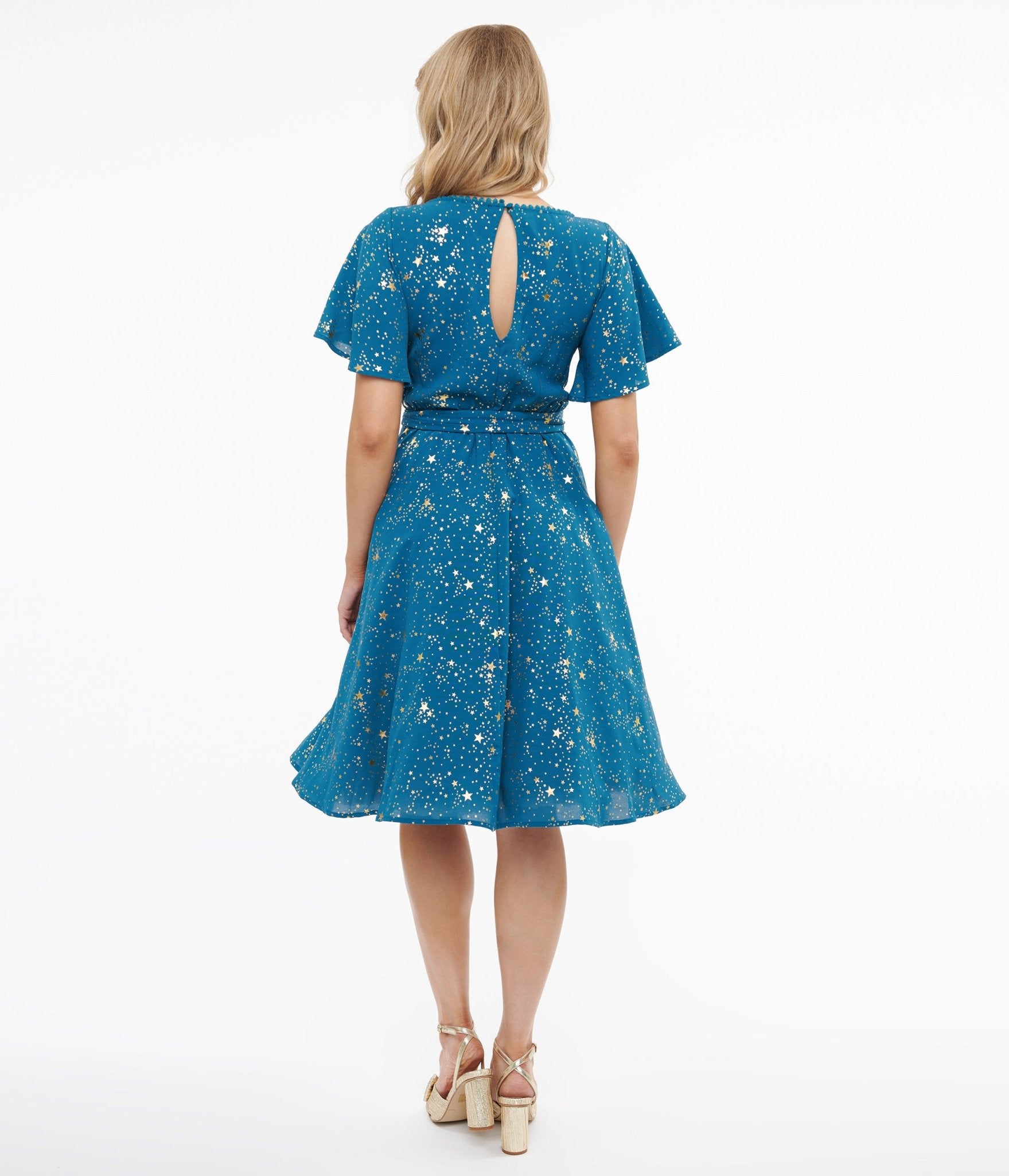 **Vintage 1930s Teal & Gold Star Swing Dress - Retro Flapper Dress for Women - Perfect for Gatsby Parties, Themed Events & Vintage Fashion Lovers**