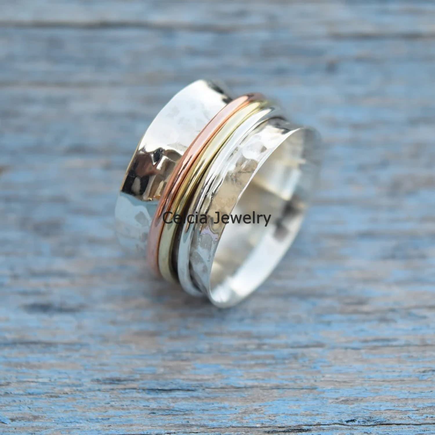Three Tone Spinner Ring - 925 Sterling Silver Spinning Fidget Ring for Women & Men | Anxiety Relief, Meditation, Stress Relief | Perfect for Thumb Wear, Worry Stone Alternative & Mother's Day Gifts
