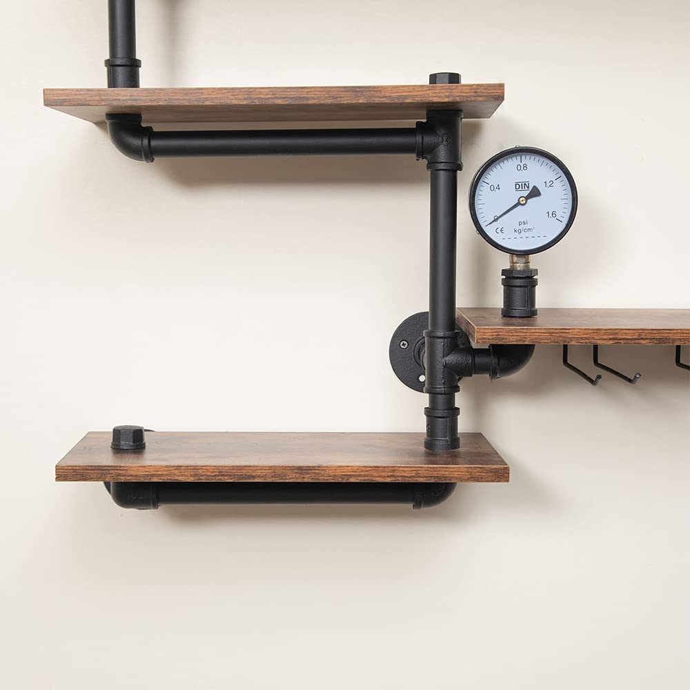 Industrial Pipe Shelves Wine Rack - 39in Wall Mounted Metal Hanging Shelf with 4 Stem Glass Holder, Rustic Floating Pipe Shelf for Living Room, Kitchen, Bar Decor - Perfect for Wine Storage, Glass Display & Home Organization