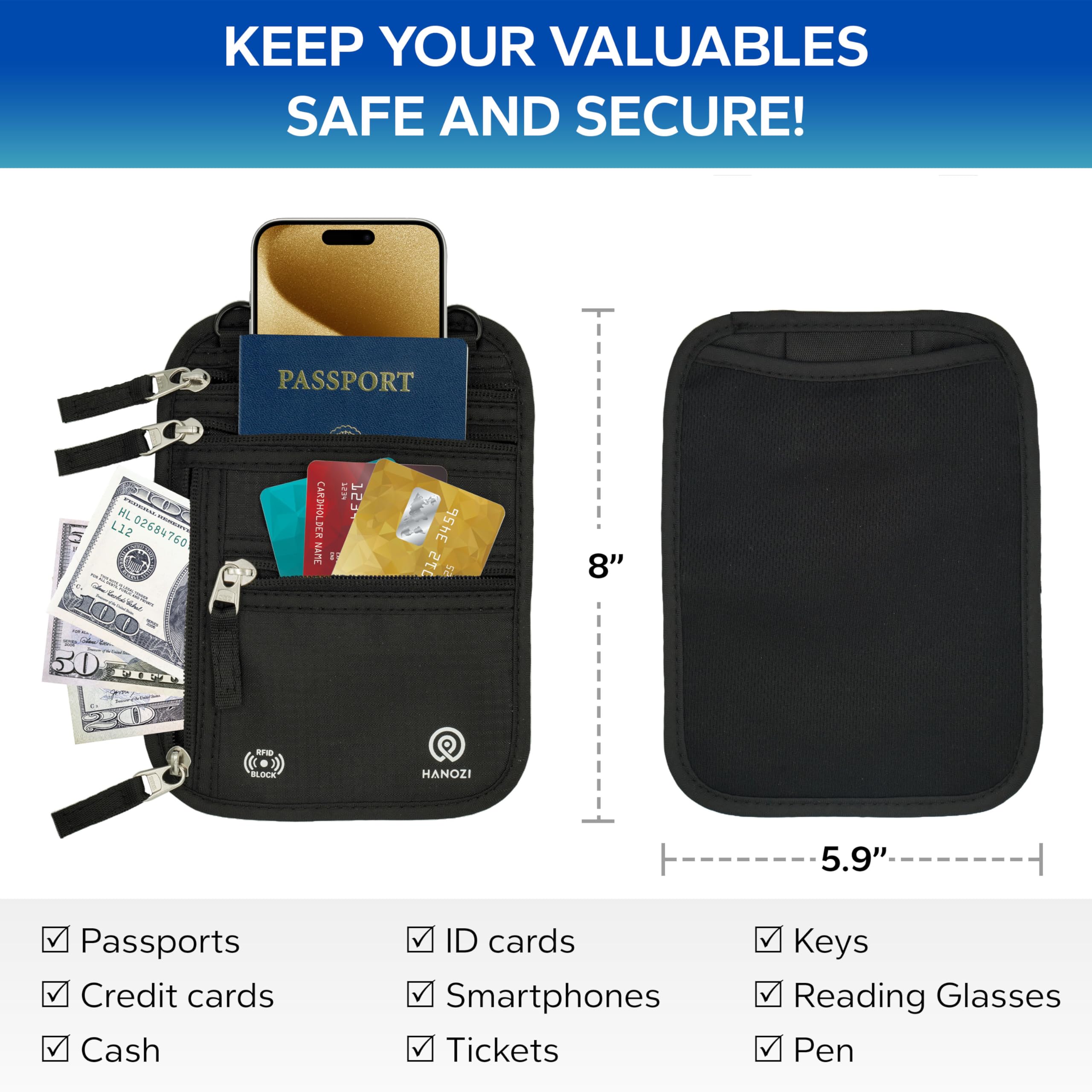 RFID Blocking Travel Neck Wallet for Women & Men – Slim Concealable Passport Holder with Secure Pouch for Cash, Cards & Documents | Perfect for Airports, Vacations & International Travel (Black)