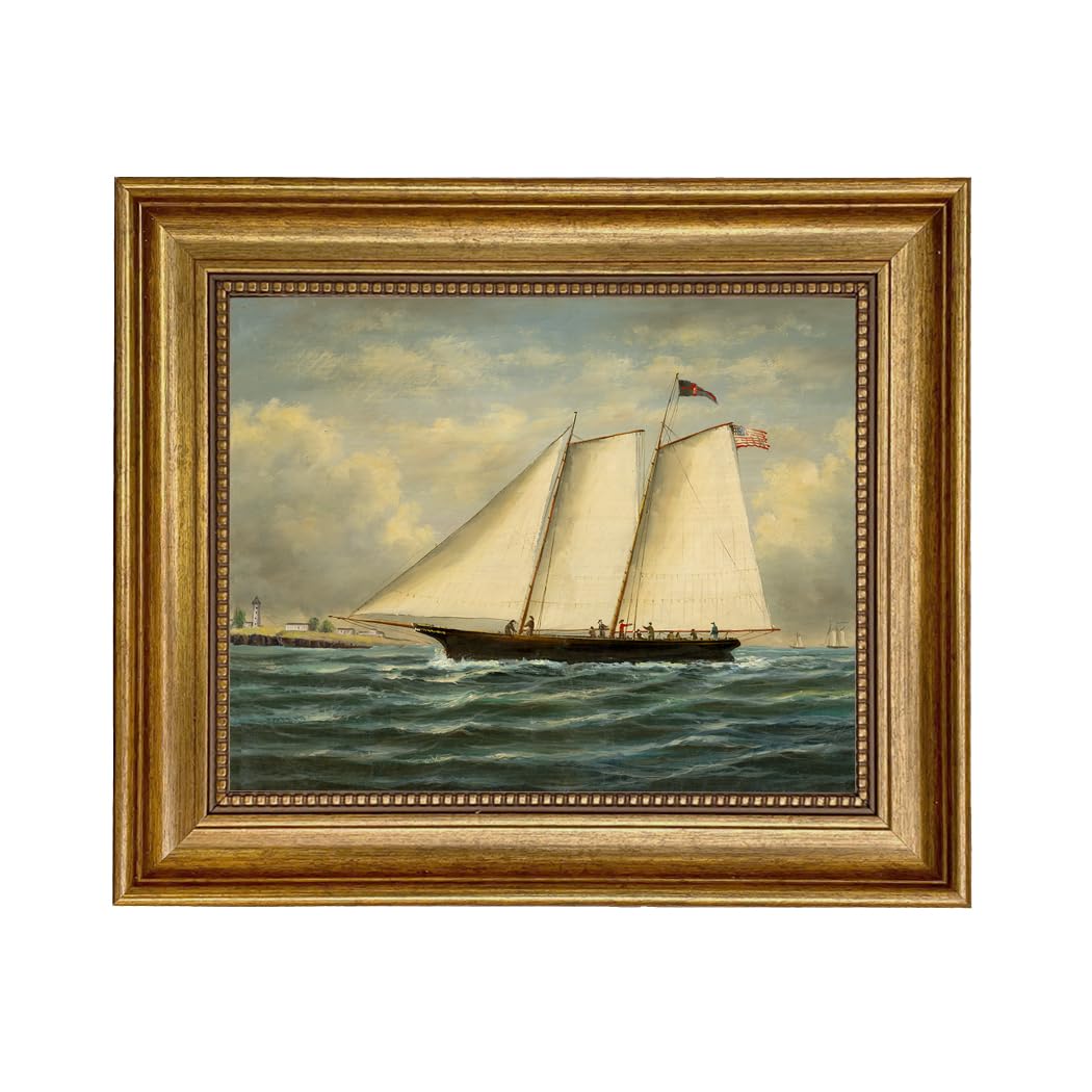Schooner Bay Co. - Yacht America Under Full Sail Oil Painting Print on Canvas with Gold Frame - Nautical Wall Art Decor for Living Room, Office, or Bedroom - Ready to Hang - Perfect for Home, Office, or Boat Lover's Gift