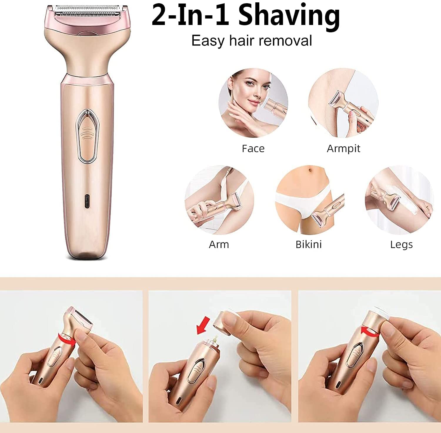 2-in-1 Electric Shaver for Women - Painless Hair Remover for Face, Legs, Underarms & Bikini Area | Rechargeable Wet/Dry Lady Shaver with Micro USB | Perfect for Travel, Gym & Daily Grooming