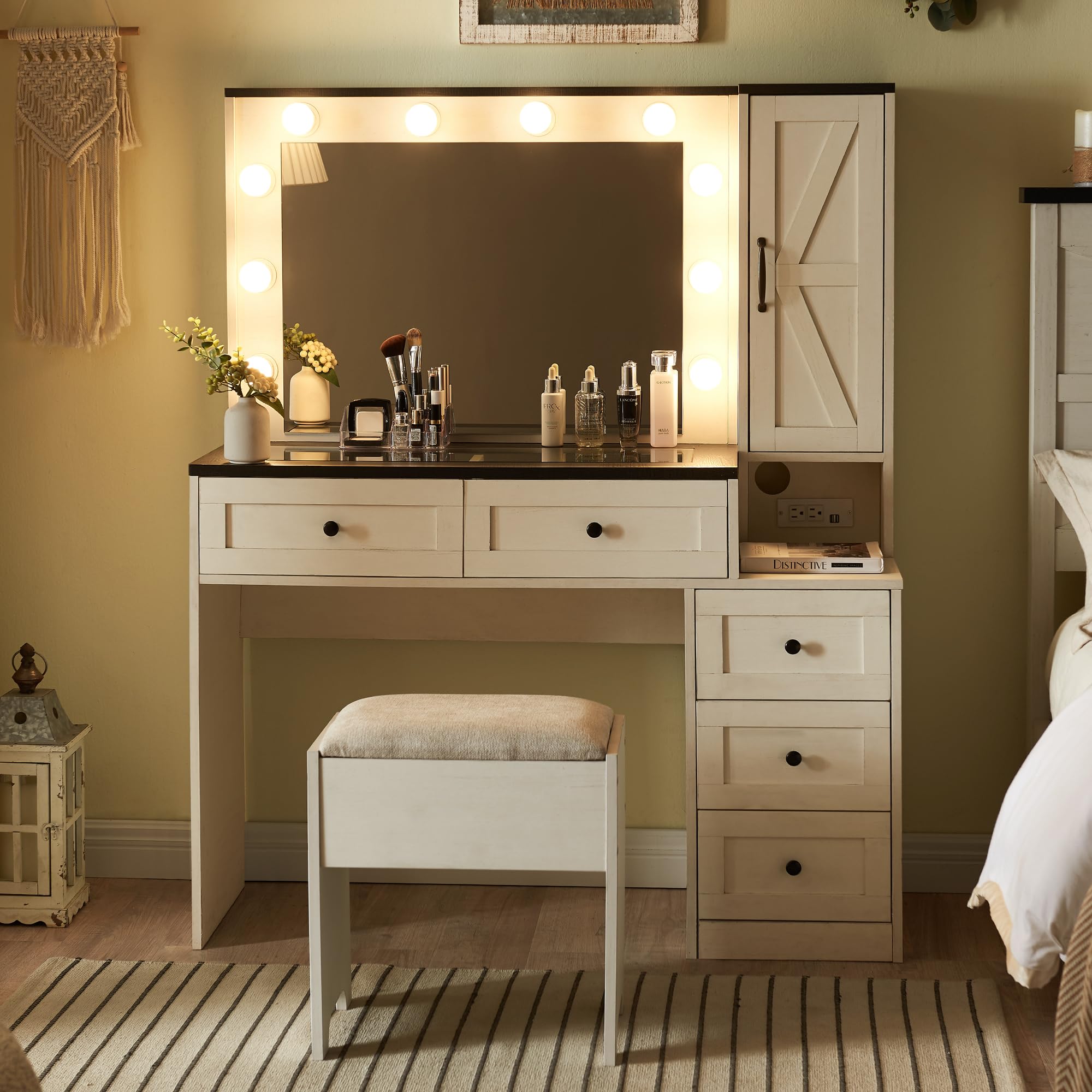 Farmhouse Vanity Makeup Desk with Charging Station & LED Mirror - 43