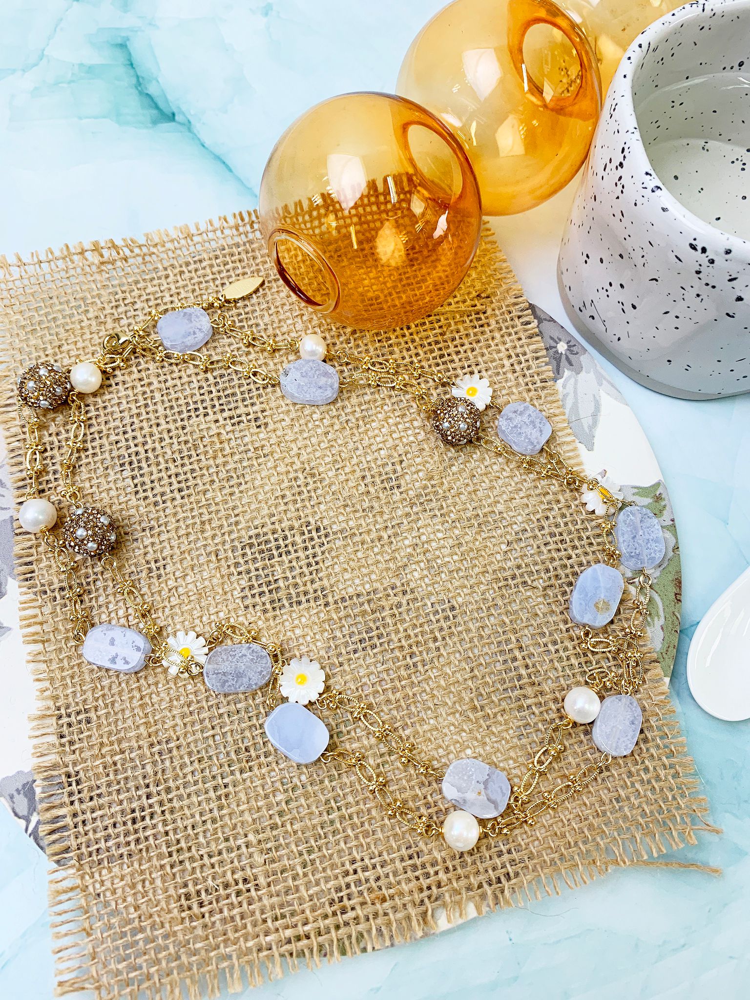 Blue Lace Agate Daisy Flower Charm Rhinestone Multi-Layer Chain Necklace - Elegant Adjustable Jewelry for Women, Perfect for Weddings, Parties & Everyday Wear
