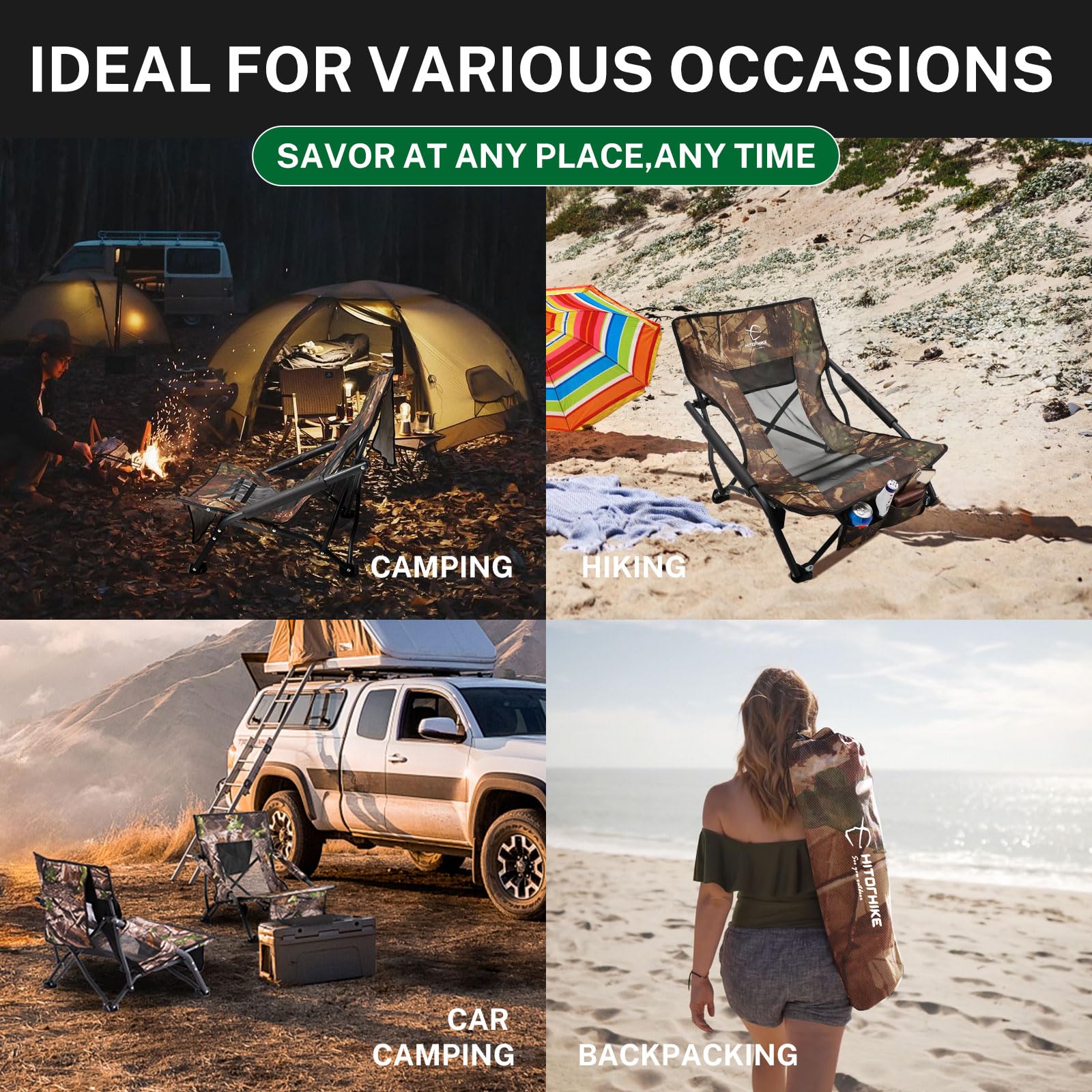 HITORHIKE Portable Folding Chair with Armrests - Lightweight Low Sling Beach Camping Concert Chair - Breathable Nylon Mesh Back - Compact & Sturdy Design - Perfect for Outdoor, Travel, Picnics, and Events