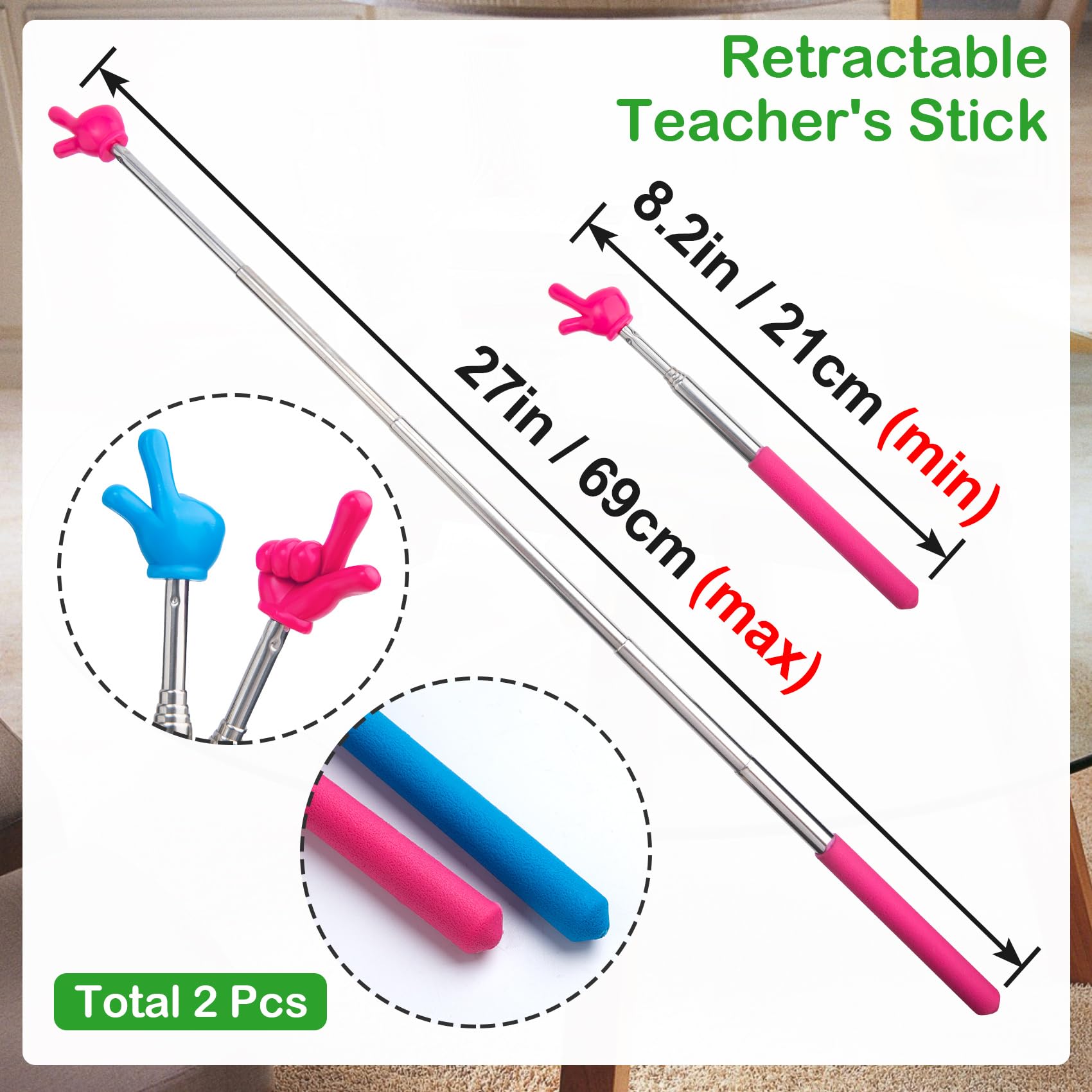 Retractable Teacher Pointer Sticks (2-Pack) - Blue & Pink for Classroom Reading
