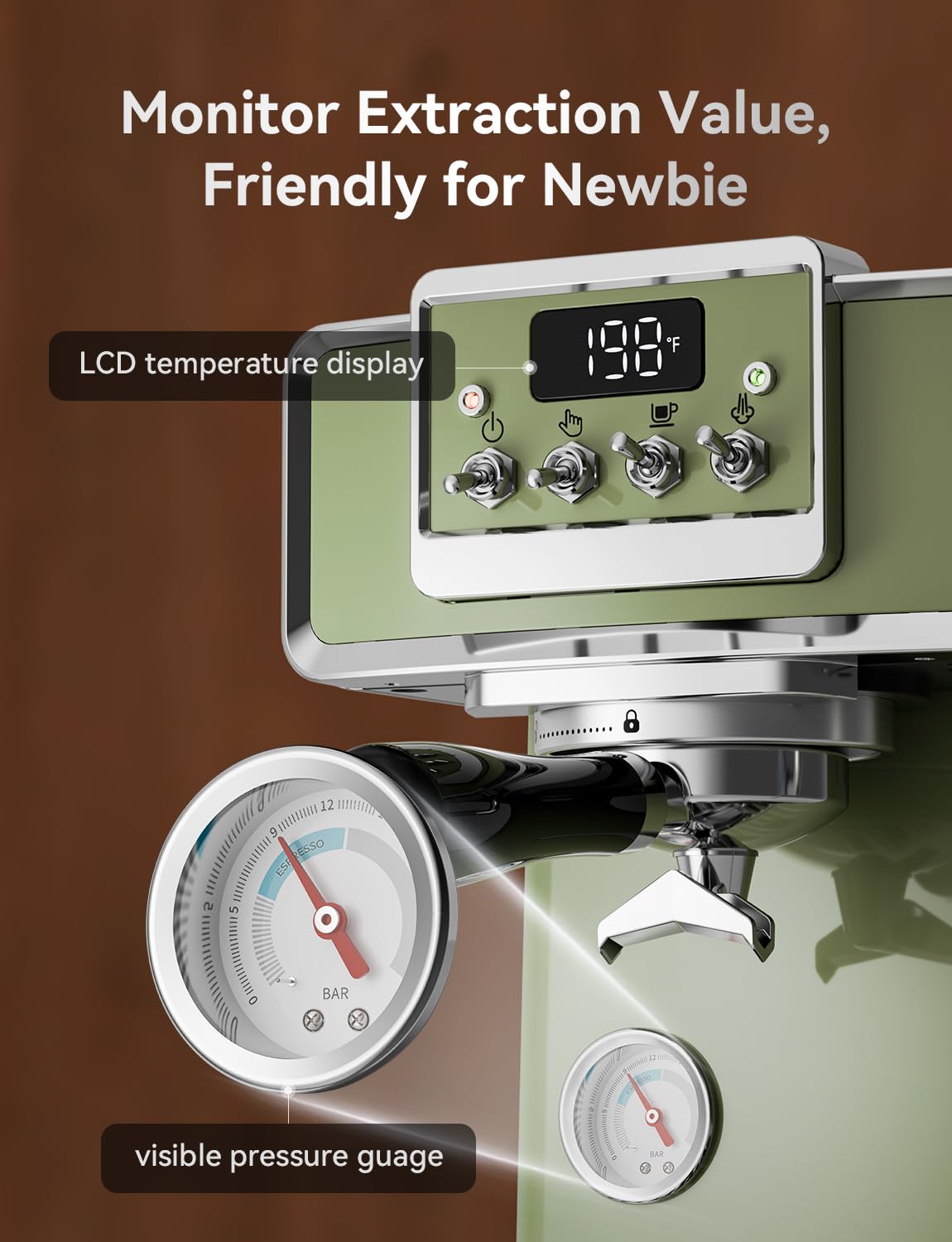 Neretva 15 Bar Espresso Machine with LCD Display - Manual & Auto Mode Stainless Steel Coffee Maker, 60oz Water Tank & Milk Frother for Home Barista - Green - Perfect for Home, Office & Cafe Use