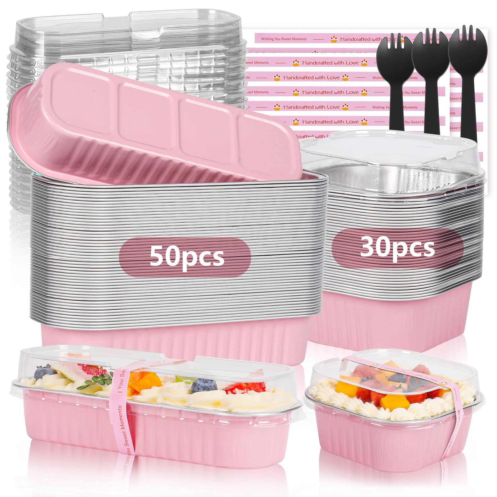 50Pcs 6.8oz Disposable Mini Loaf Pans with Lids & 30Pcs 10oz Square Aluminum Pans - Baking Bread, Cakes, Cupcakes - Includes Spoons & Pink Stickers for Home Baking, Party Desserts, Meal Prep