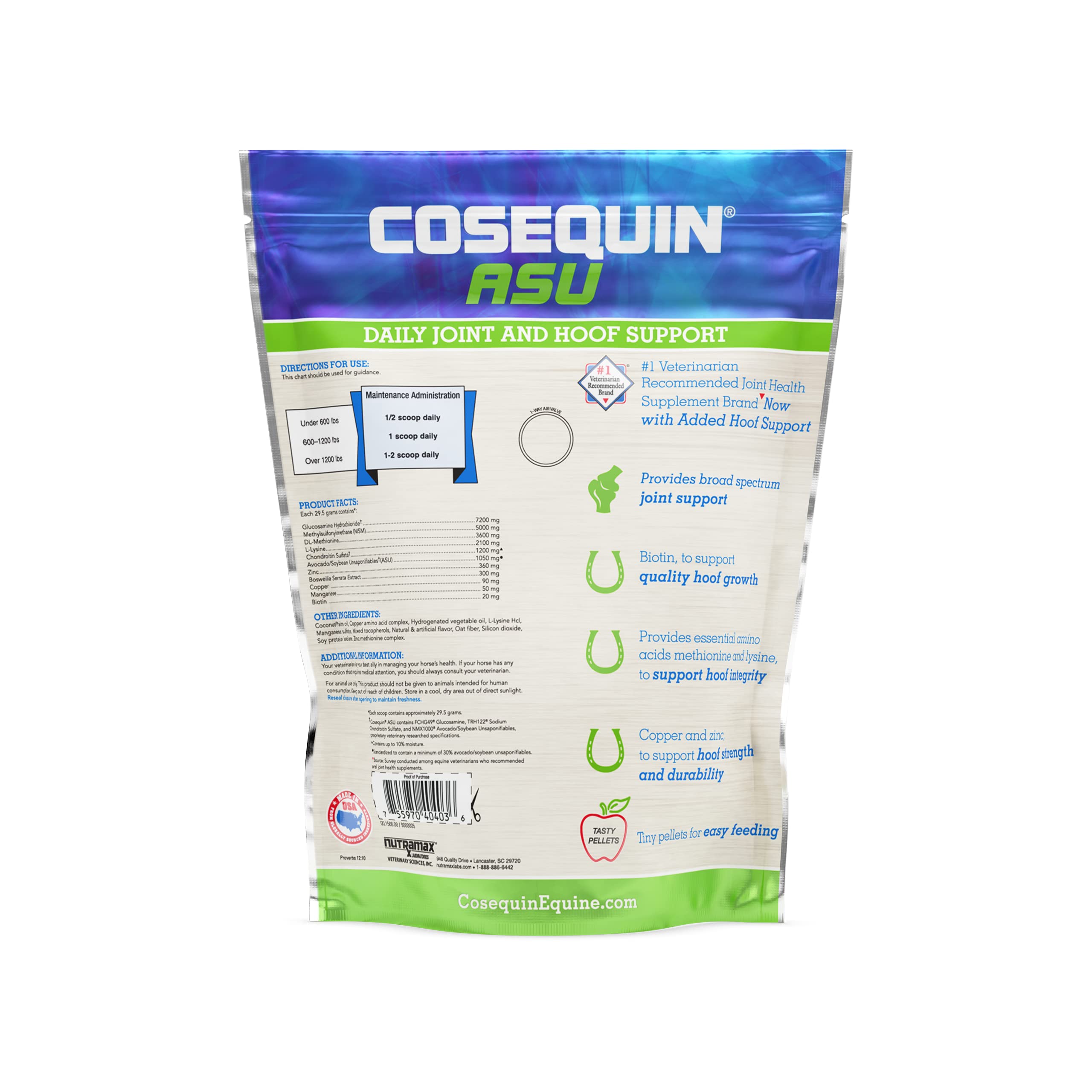 Nutramax Laboratories Cosequin ASU Joint & Hoof Pellets - Glucosamine, Chondroitin, MSM & Biotin Supplement for Horse Joint Health (1200g) - Supports Mobility & Hoof Strength for Active & Senior Horses
