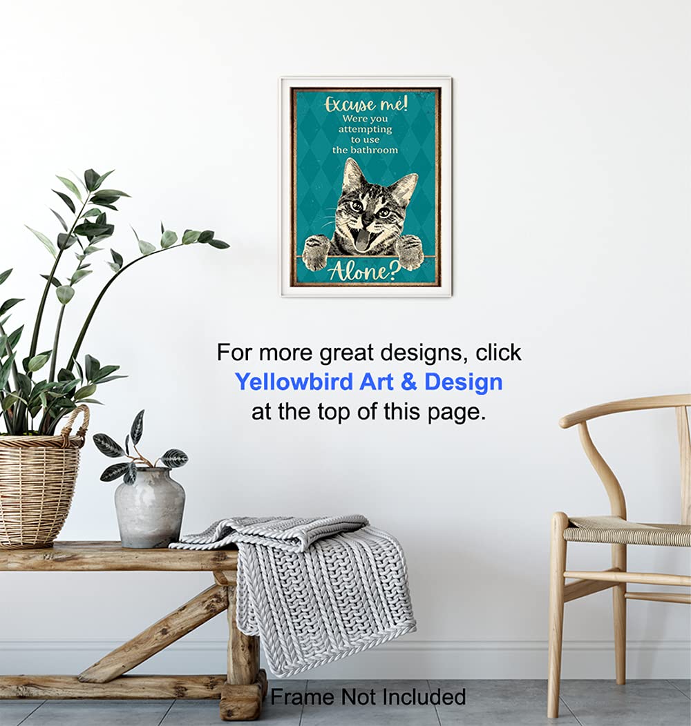 Funny Tabby Cat Bathroom Wall Decor - Blue Restroom Sign for Guest Bathroom & Powder Room - Unique Cat Lovers Gift for Women & Girls - Perfect for Home, Office, or Cafe Decor