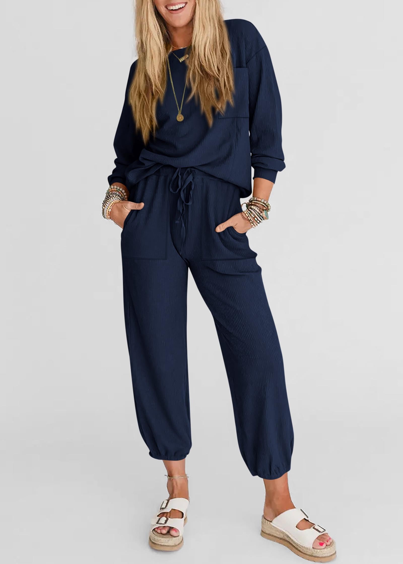 KIRUNDO Women's Lightweight Lounge Set - Comfy Travel & Airport Outfits with Drawstring Pants & Tops - Perfect for Postpartum, Jogging & Relaxation at Home