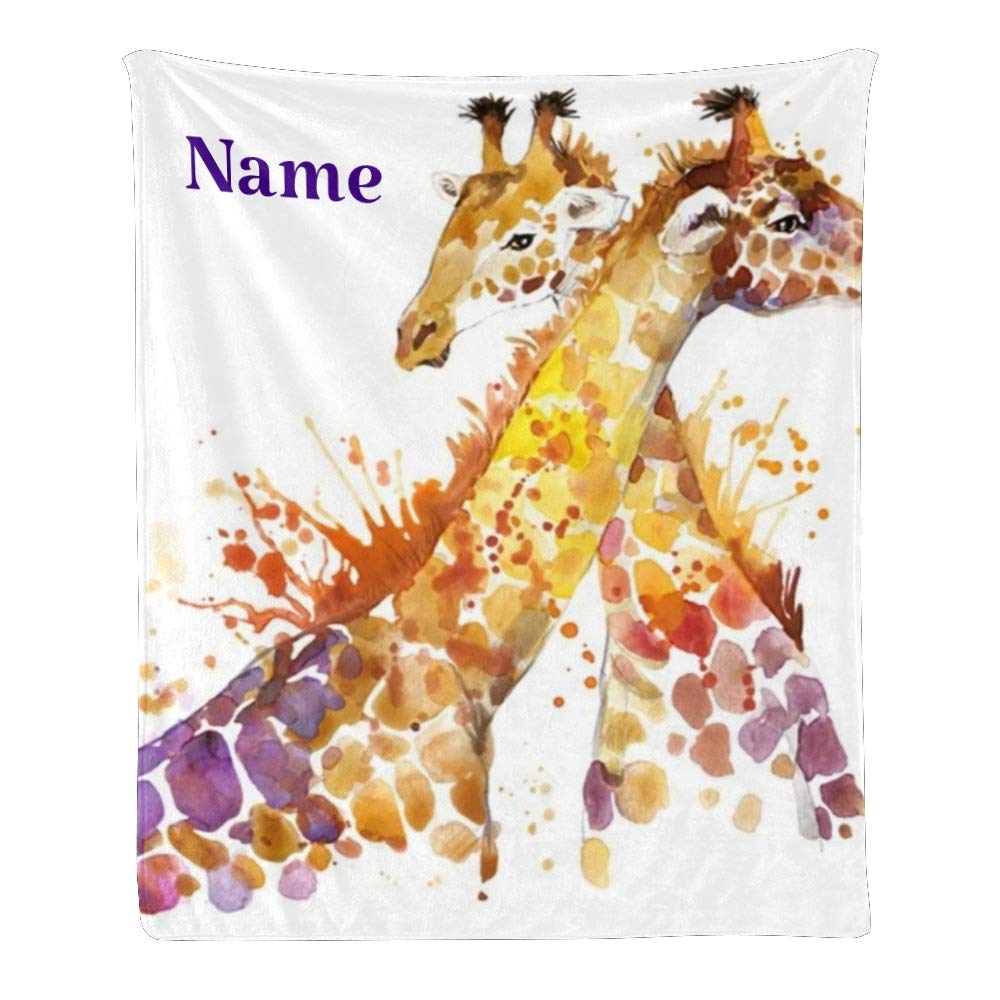 Personalized Watercolor Giraffe Fleece Throw Blanket - Custom Name Text Soft Blanket 50x60 inches - Perfect Gift for Birthday, Anniversary & Home Decor