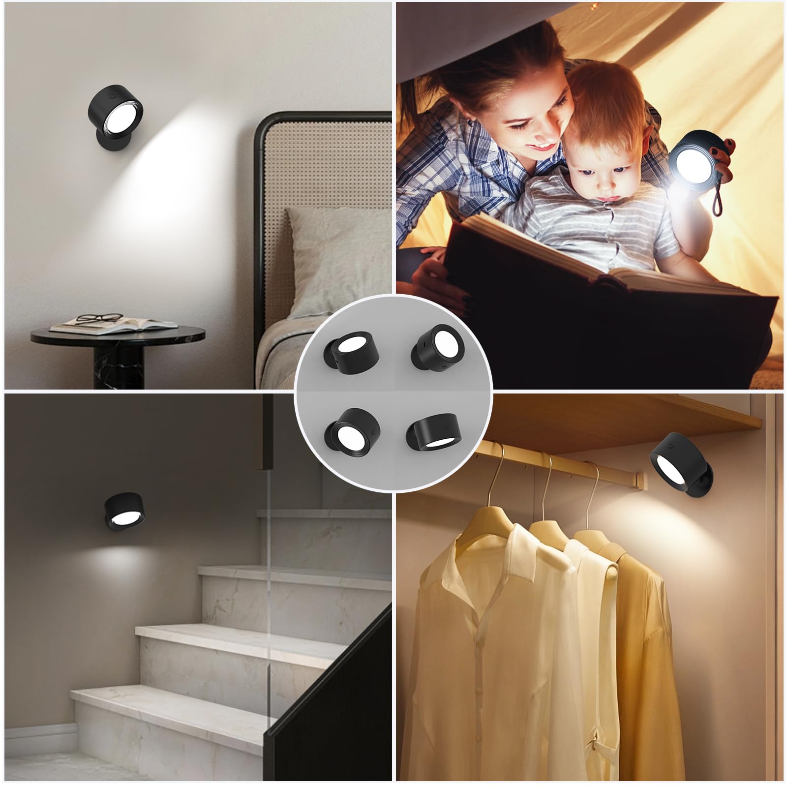 2 Pack LED Wall Sconces with Remote Control - Rechargeable Battery Operated Wall Lights, 3 Color Temperatures & Dimmable, 360° Magnetic Rotation for Bedroom, Hallway, Staircase Lighting