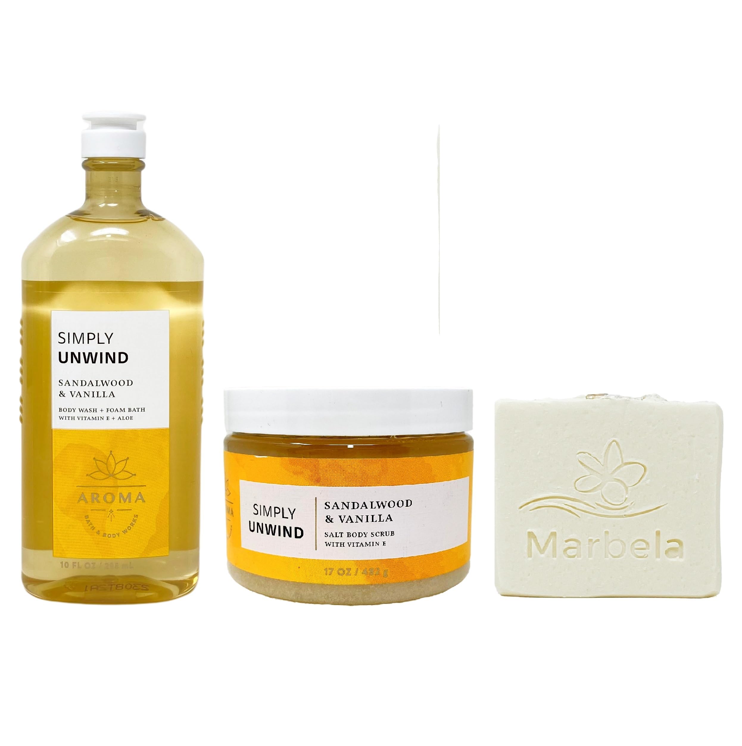 Bath & Body Works Aroma Simply Unwind Sandalwood & Vanilla Gift Set - Body Wash, Body Scrub & Natural Oats Bar Soap for Relaxation & Self-Care | Perfect for Spa Nights, Stress Relief & Gift Giving