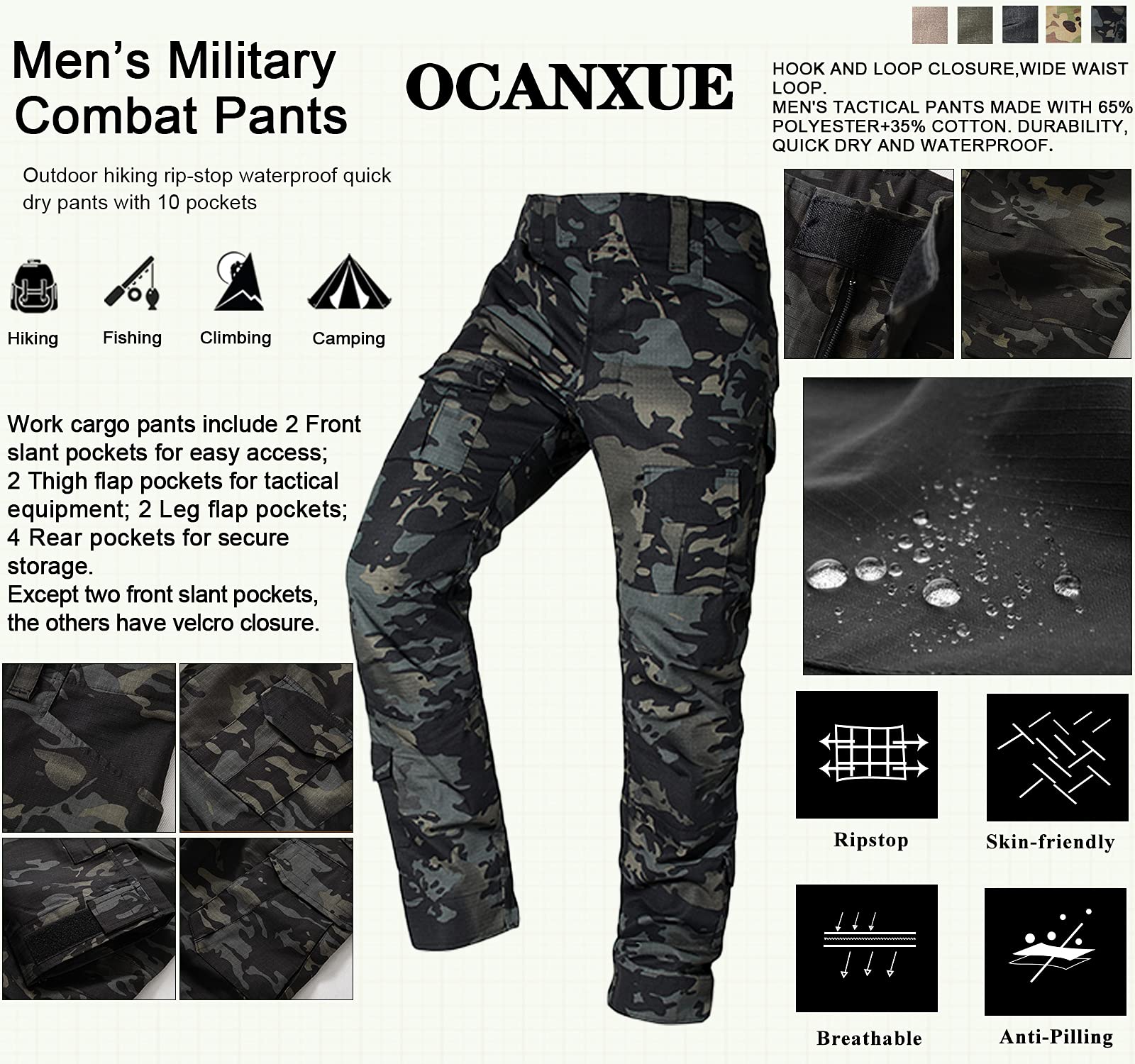 Men's Tactical Cargo Pants - Camo Ripstop Hiking & Work Pants with 10 Pockets (No Belt Needed) - Perfect for Outdoor Adventures, Military Duty & Everyday Wear