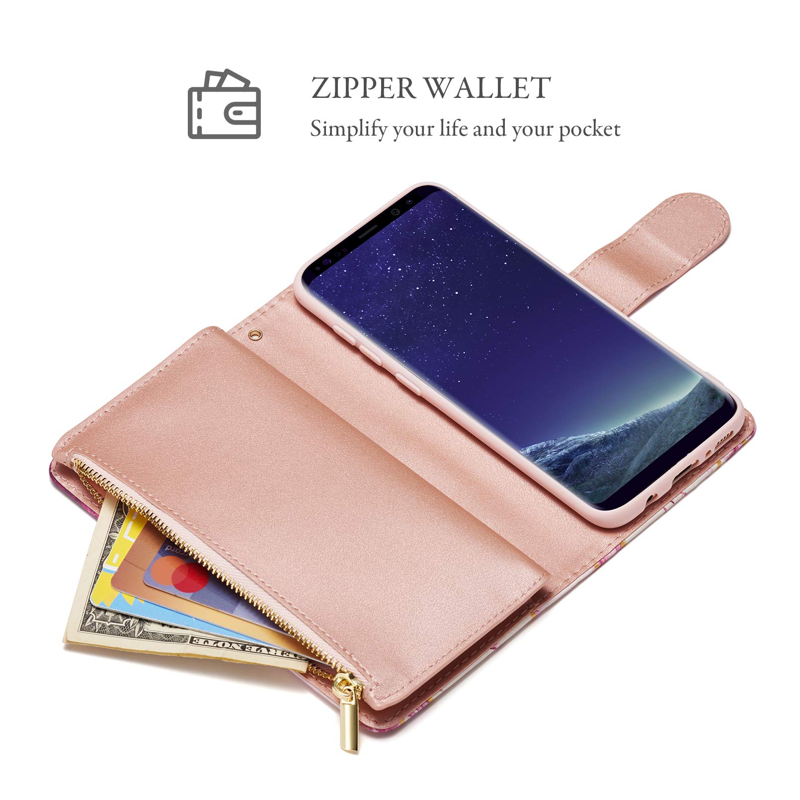 Premium PU Leather Wallet Case for Samsung Galaxy S8 - Geometric Zipper Design with Card Slots, Kickstand & Wrist Strap | Magnetic Closure | Marble Purple | Perfect for Work, Travel & Everyday Use