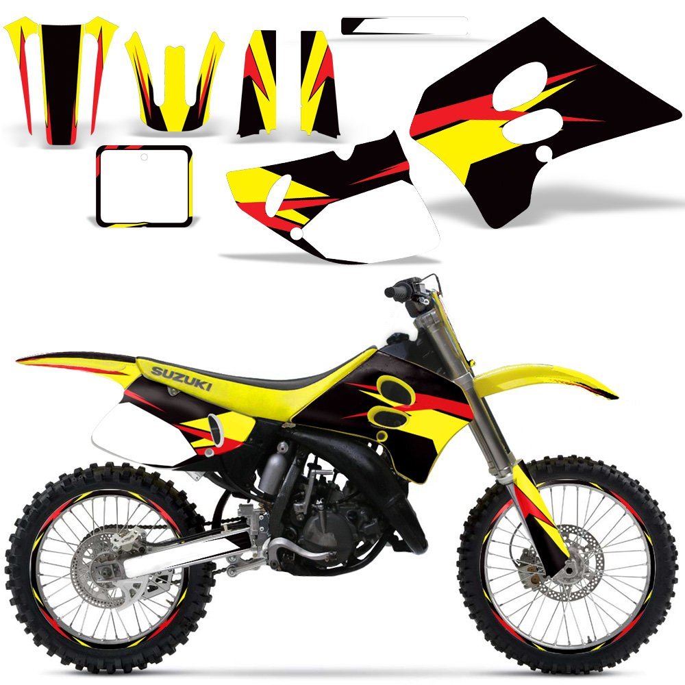 Premium MX Dirt Bike Graphics Kit - Sticker Decal Set with Rim Trim & Number Plates for Suzuki RM 125/250 (1993-1995) | Yellow Red Black Design | Motocross Racing & Off-Road Customization