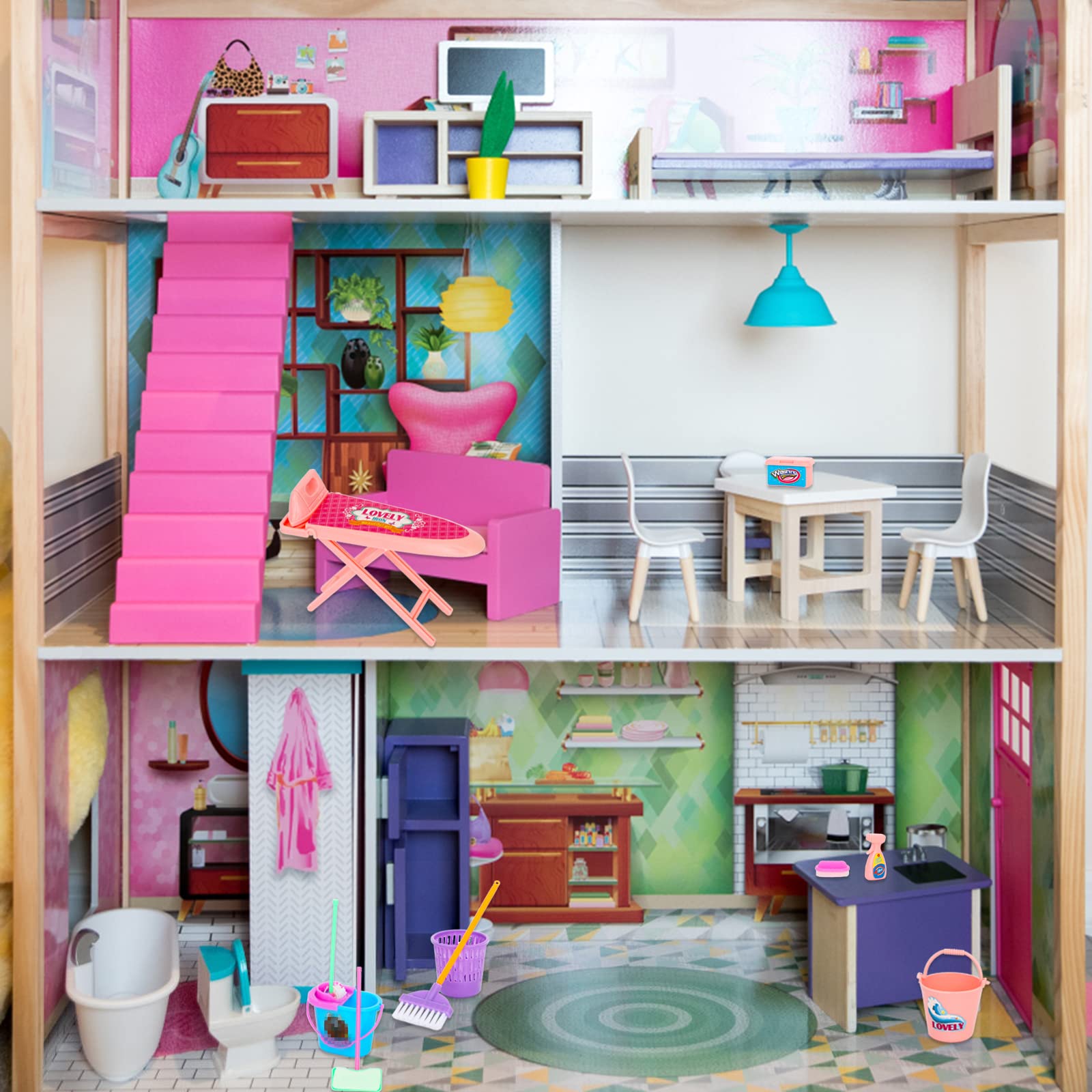 SOTOGO 18-Piece Mini Dollhouse Cleaning Supplies Set - Tiny Doll Accessories for Housework Pretend Play, Dollhouse Furniture & Decoration - Perfect for Kids' Role-Playing & Collectors' Miniature Displays