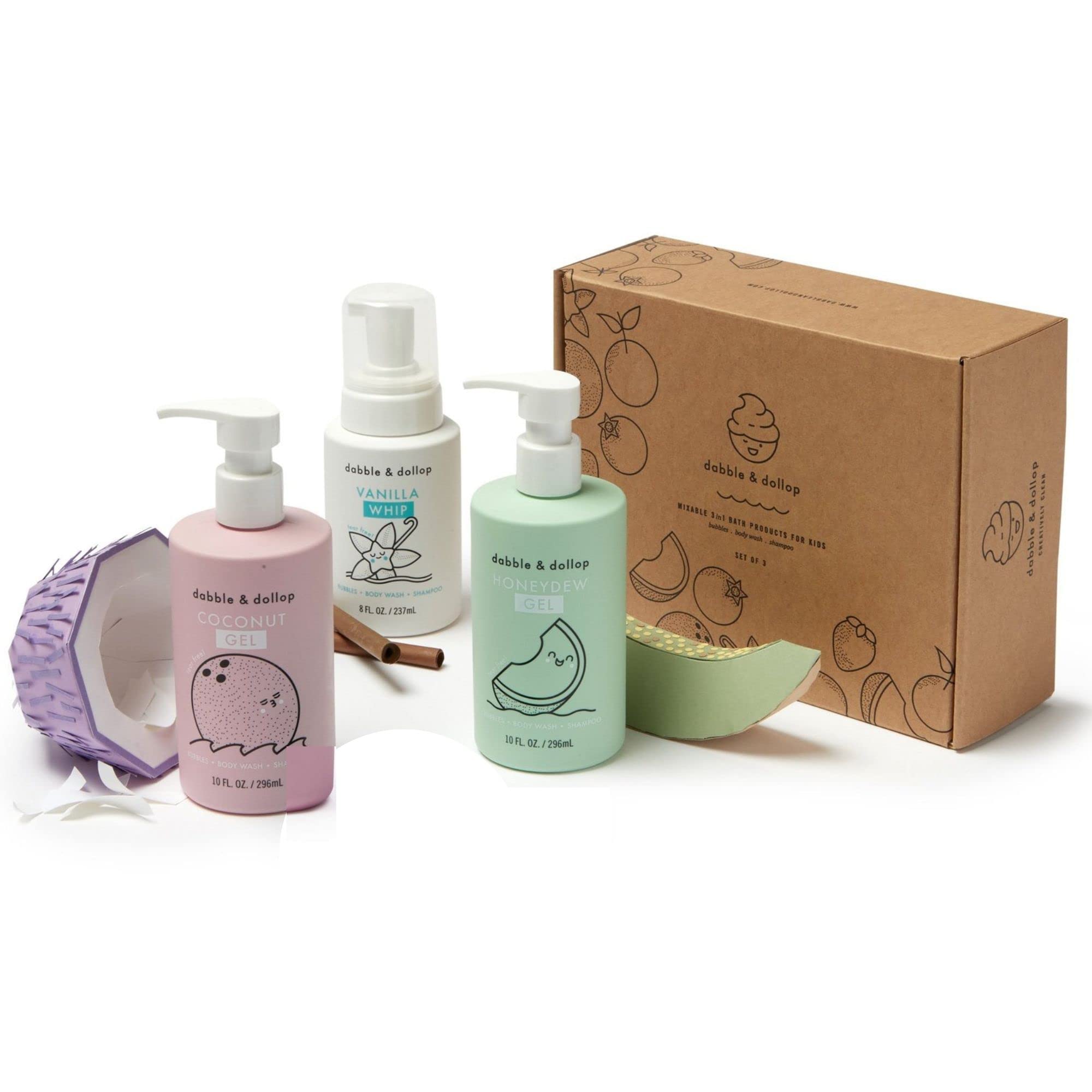 Dabble & Dollop Natural Kids Bubble Bath, Body Wash & Shampoo Set - USA-Made, Vegan, Paraben & Sulfate Free, Gluten-Free, Tear-Free - Honeydew Melon, Vanilla & Coconut Scent (3-Pack) | Gentle Cleansing for Beach Days, Pool Time & Bathtub Fun