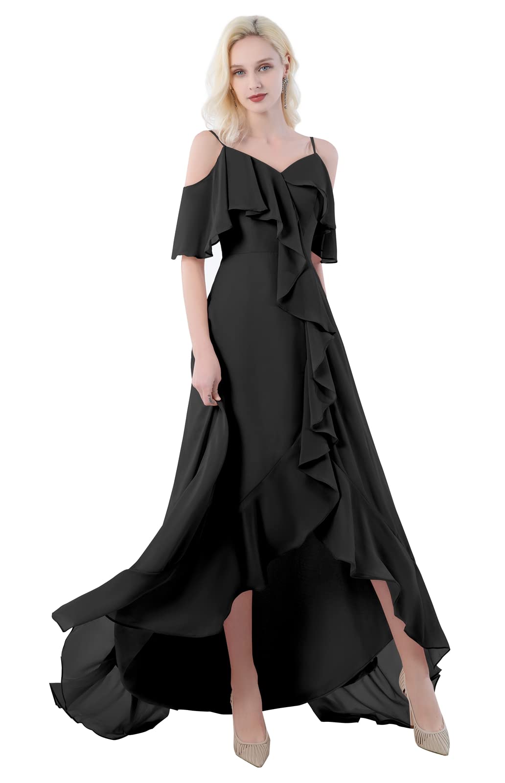 ZMOVQA Women's Off Shoulder V-Neck Chiffon Bridesmaid Dress with Ruffle Sleeves - A-Line Formal Evening Gown with High Slit for Weddings, Prom, Cocktail Parties & Special Occasions