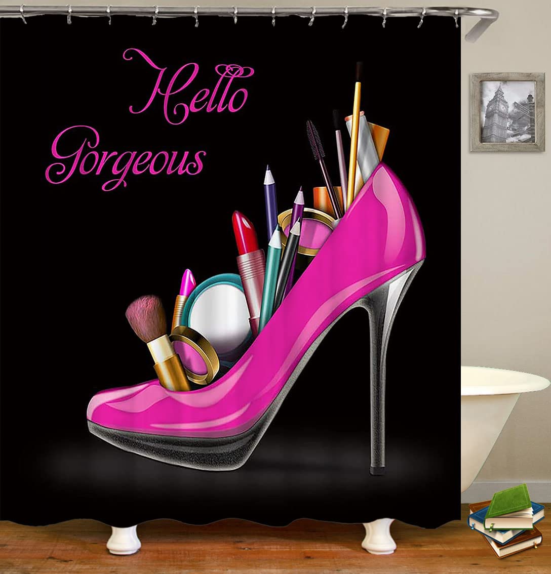 4PCS Hello Gorgeous Shower Curtain Set - Hot Pink High Heels & Lipstick Makeup Design for Girls & Women, Waterproof Fabric Bathroom Decor with Non-Slip Mat & Toilet Rug - Perfect for Fashion-Themed Bathrooms & Gift Ideas