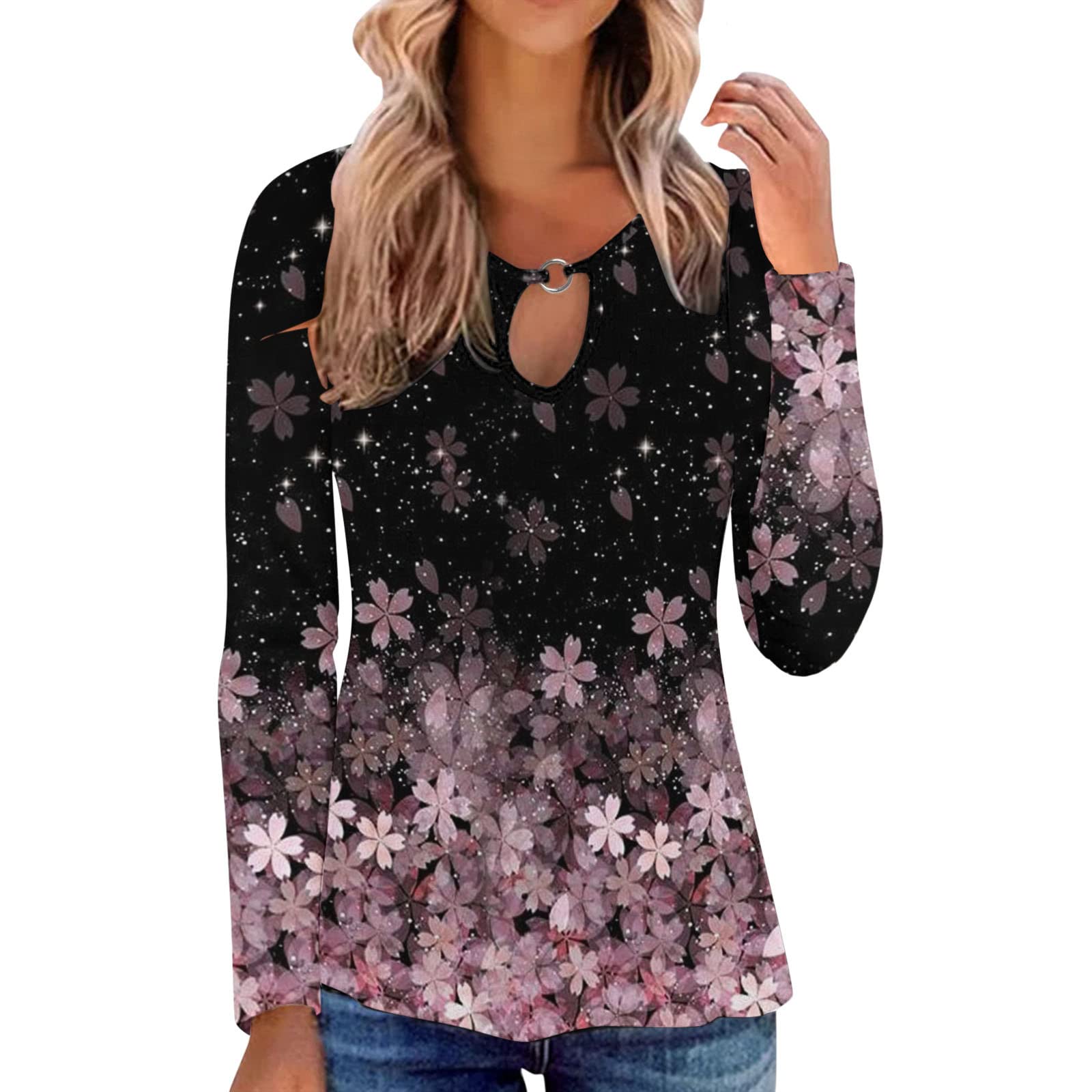 Women's Floral Print Hollow Out Long Sleeve Crew Neck T-Shirt - Casual Blouse Top for Everyday Wear, Spring Outfits & Boho Style Fashion