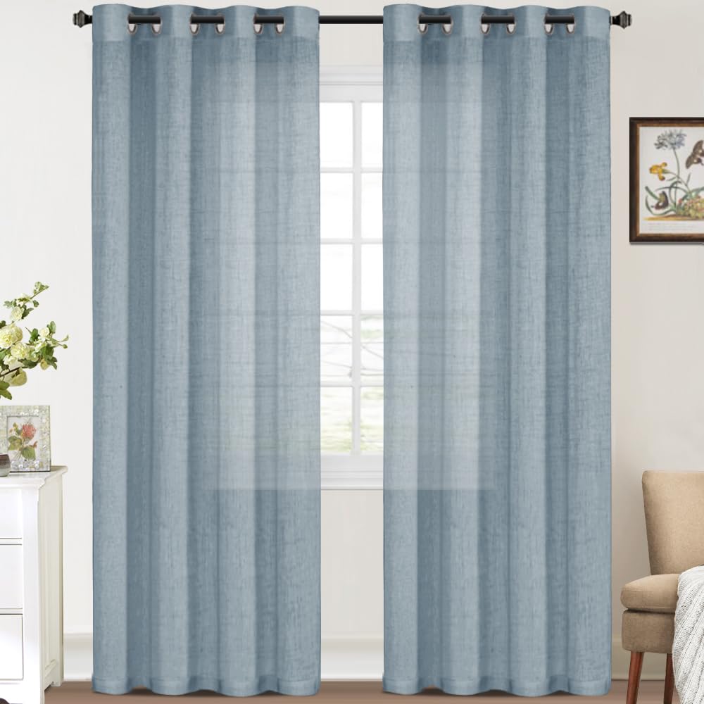 FantasDecor 84 Inch Linen Sheer Curtains - Light Filtering Privacy Drapes with Grommet Top, 2 Panels Set in Stone Blue for Farmhouse, Bedroom, Living Room & Porch Windows | Perfect for Natural Light Control & Home Decor