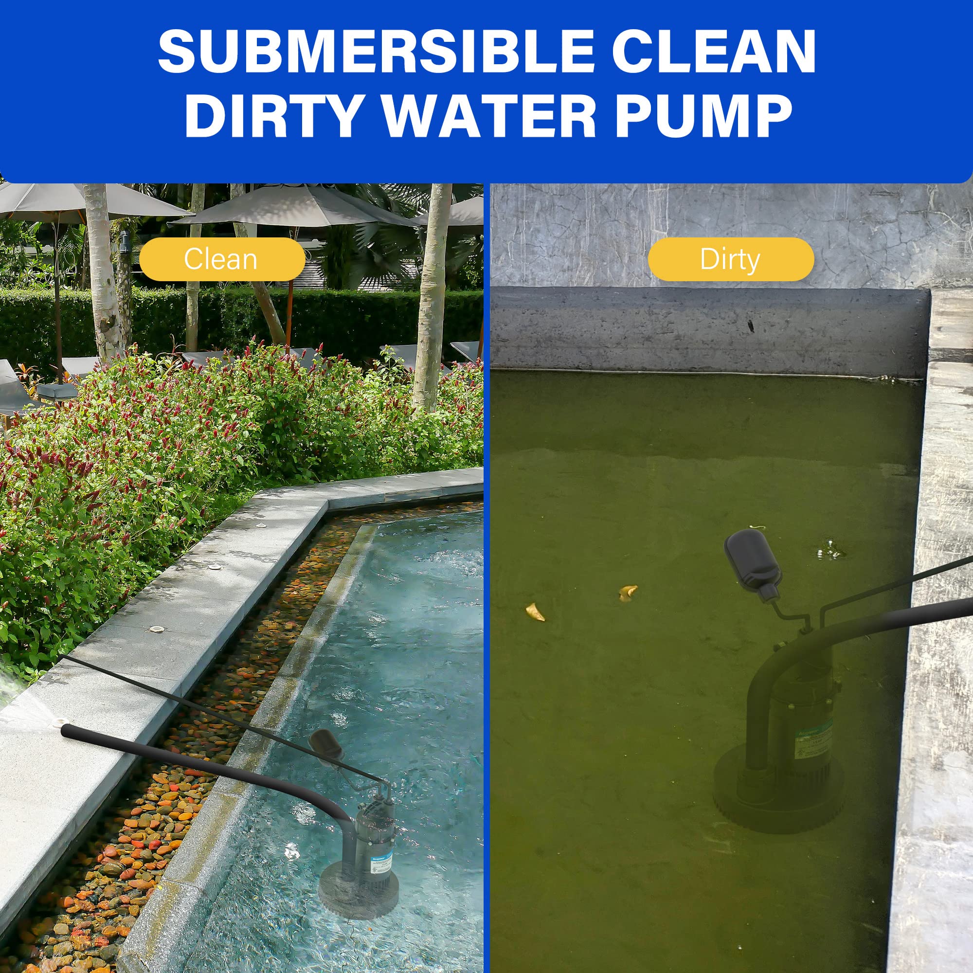 Acquaer 1/3 HP Submersible Sump Pump - 3040 GPH Clean/Dirty Water Pump with Automatic Float Switch & 10ft Power Cord - Ideal for Basement, Pool, Pond, Drain, Flooded Cellar, Aquarium, Irrigation & Emergency Water Removal