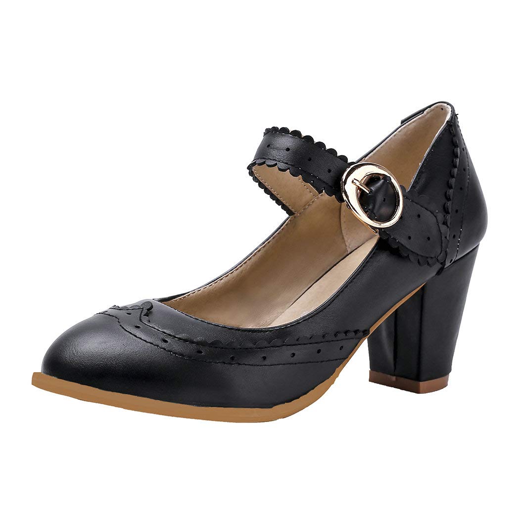 Vintage Women's Rockabilly Mary Jane Block Heel Pumps - Wingtip Closed Toe Dress Shoes for Retro Parties, Swing Dancing & 1950s Fashion Outfits